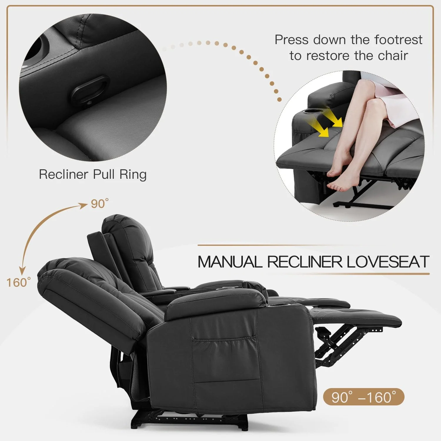 AECOJOY 3 Seater Recliner Sofa with 2 Console&Bluetooth Speakers, Black