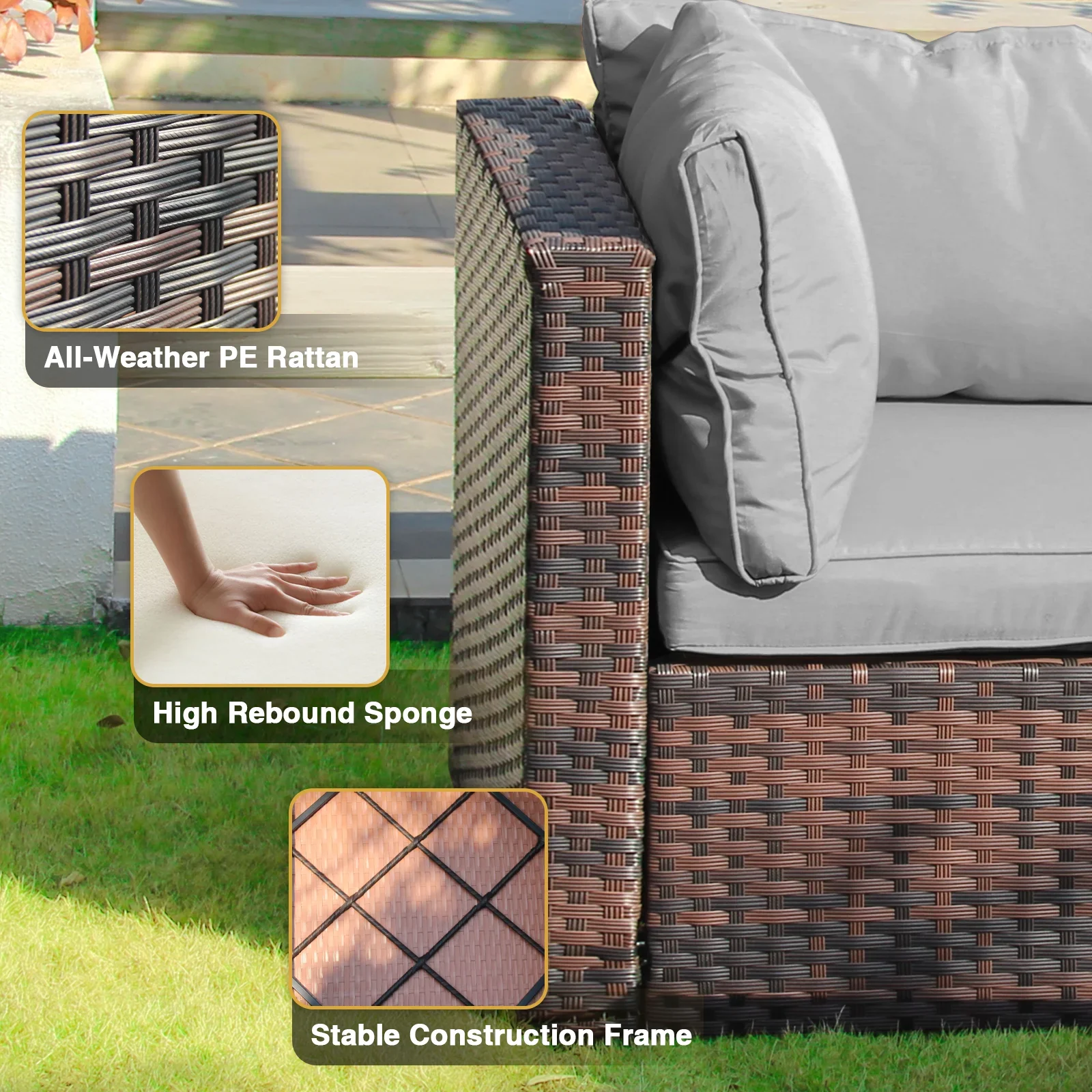 Gaildon 5 Piece Patio Furniture Set with Fire Pit Table, All Weather Outdoor Sectional PE Rattan, Patio Conversation Sets with Cushions for Garden Lawn Balcony Porch Deck, Grey