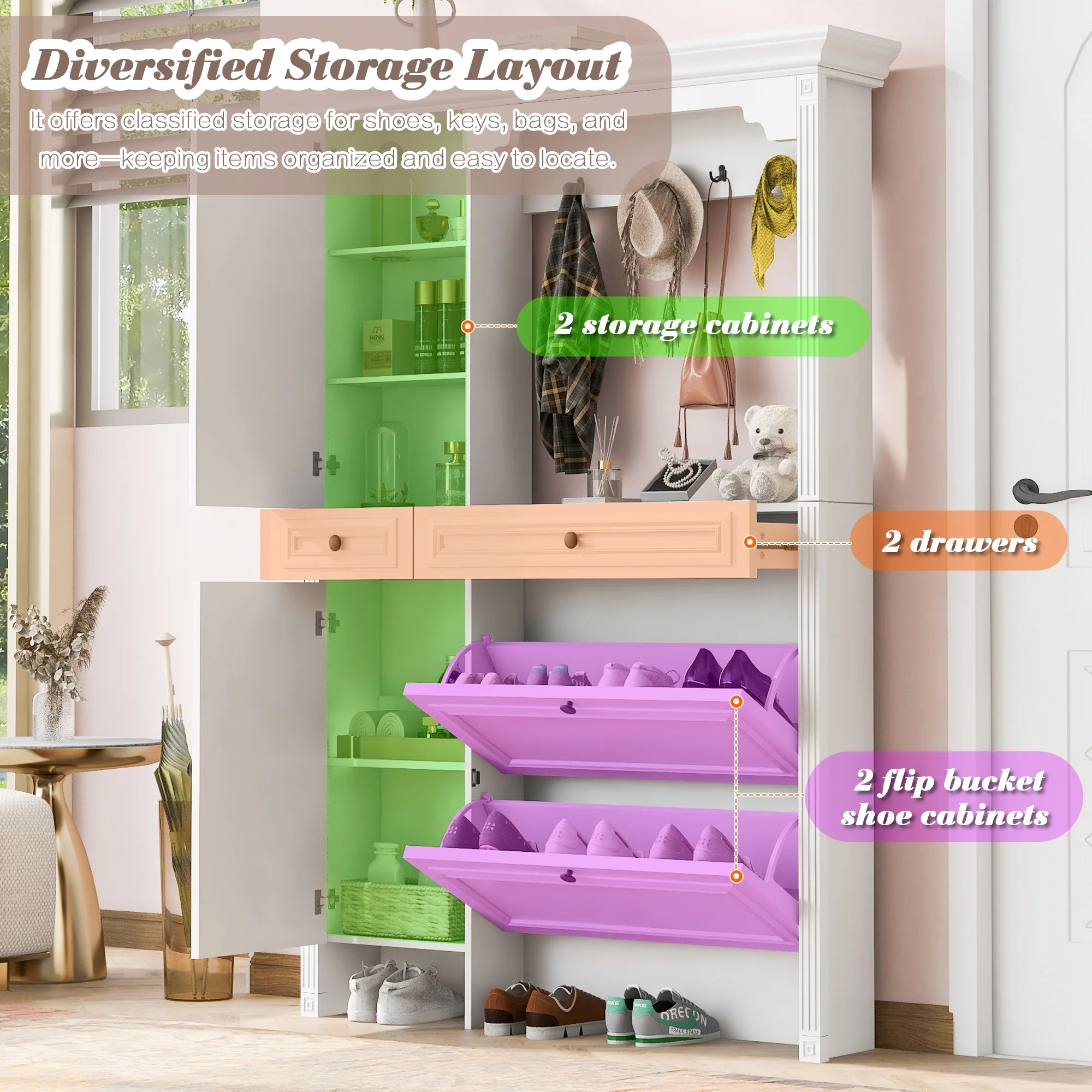 Entryway Bench with Coat Rack,4-in-1 Design Hall Tree with 2 Doors and 2 Drawers,Mirrored Cabinet Door,Shoe Cabinet Storage for Entryway,Living Room,White