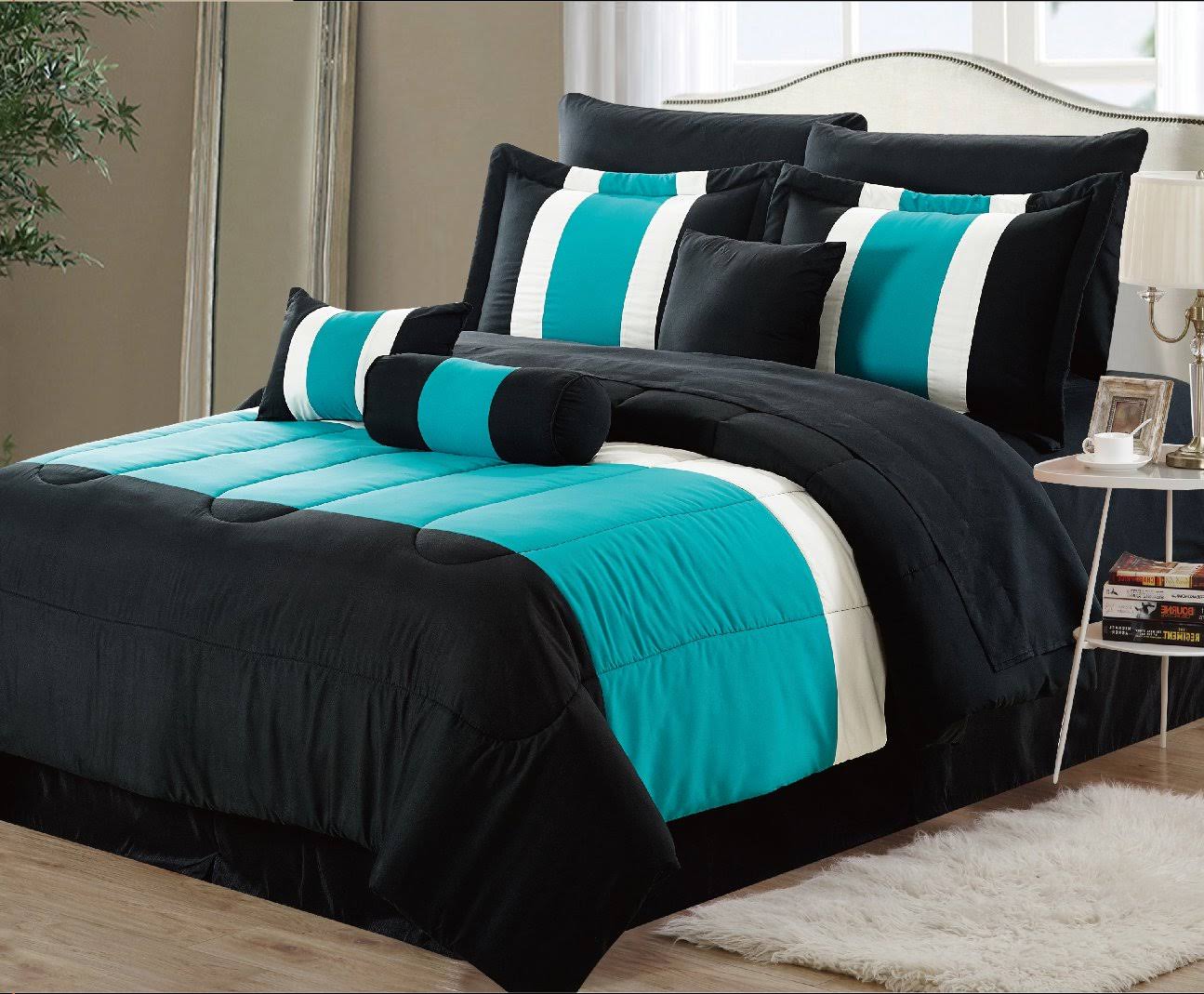 Empire 8-Piece Oversized Teal Blue & Black Comforter Set Bedding with Sheet Set (Queen)