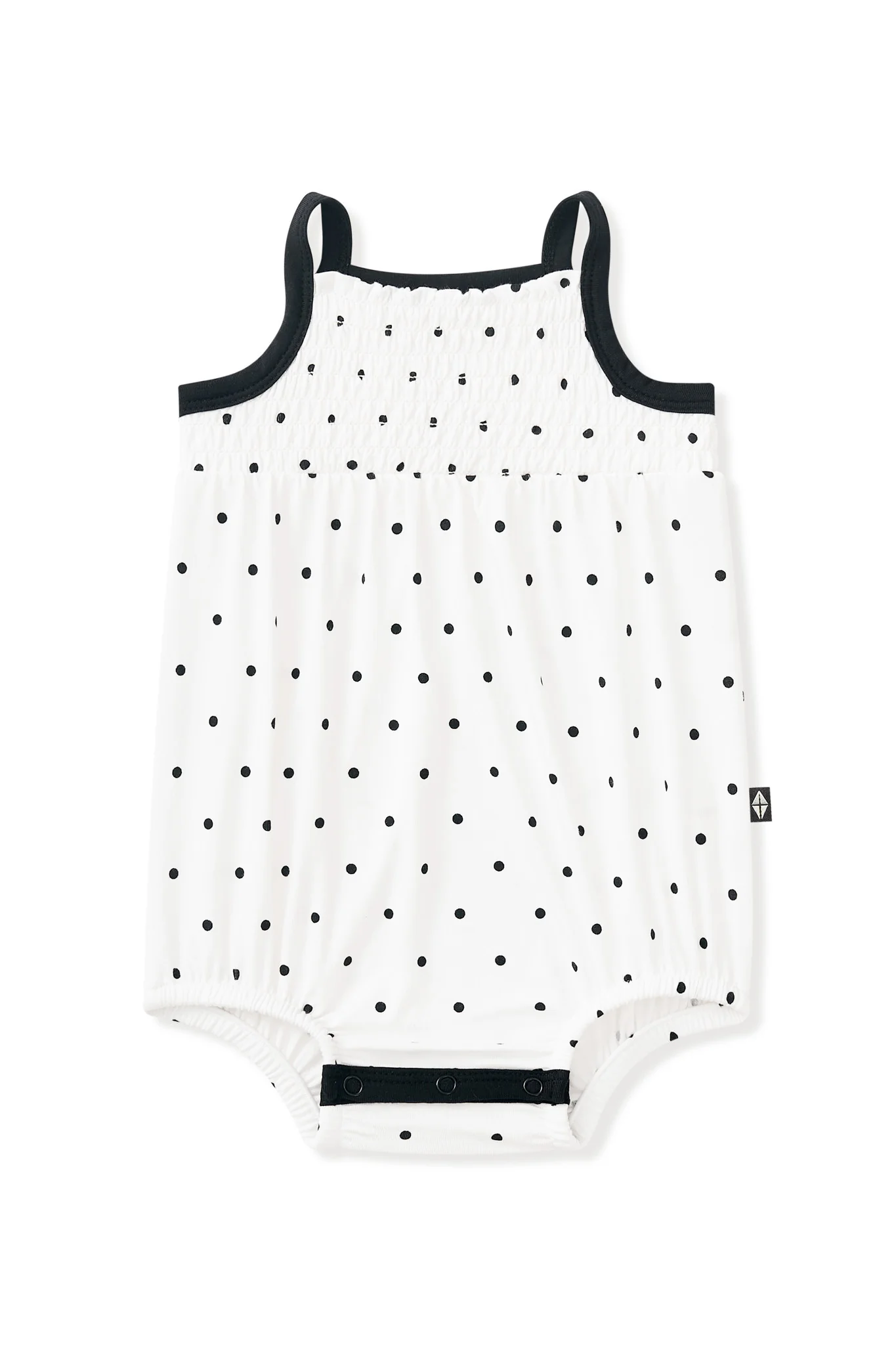 Smocked Bubble Romper in Midnight Polka Dot