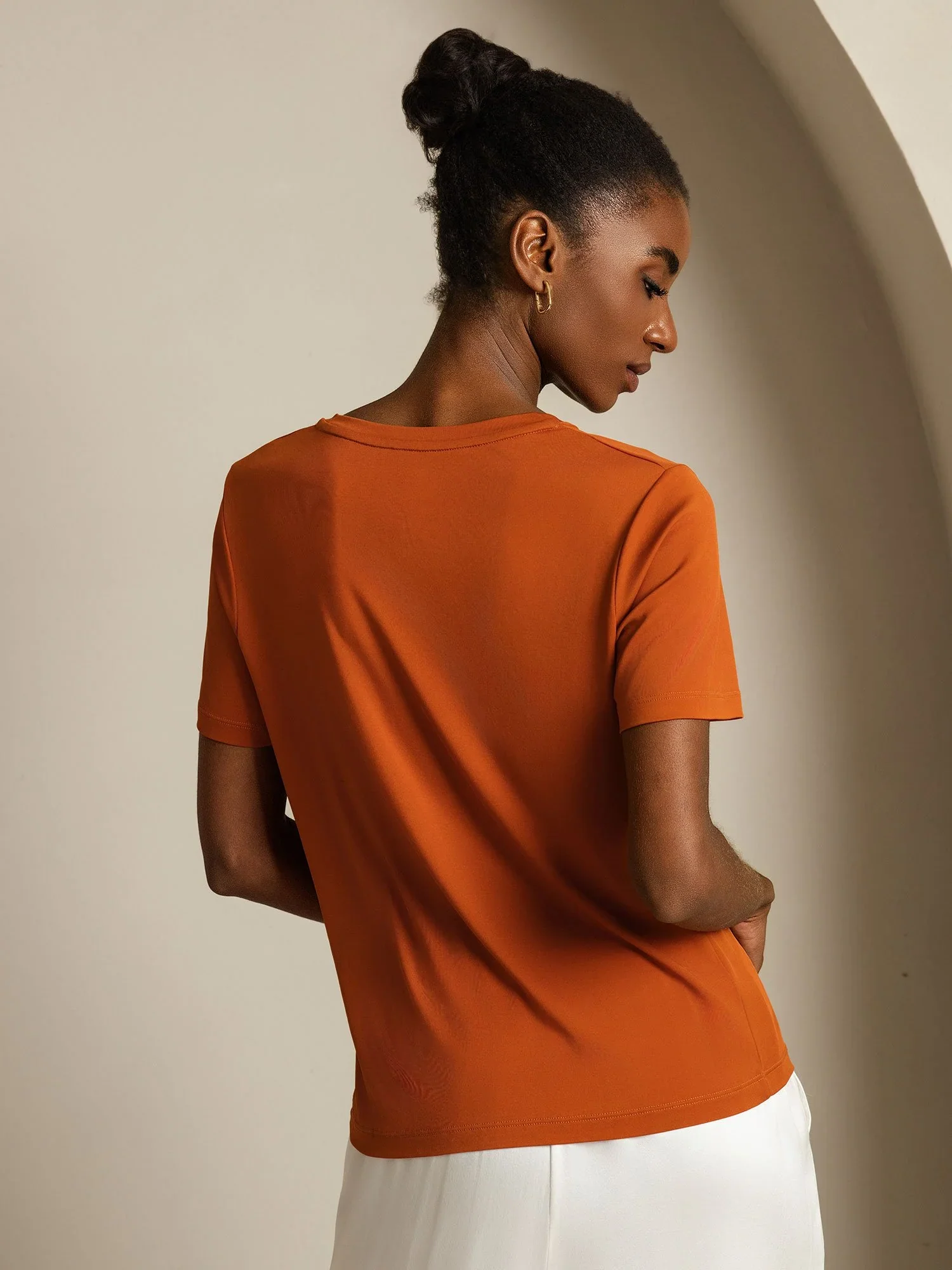 Pure Silk V Neck Short-Sleeve Snag-Resistant Women's T-Shirt