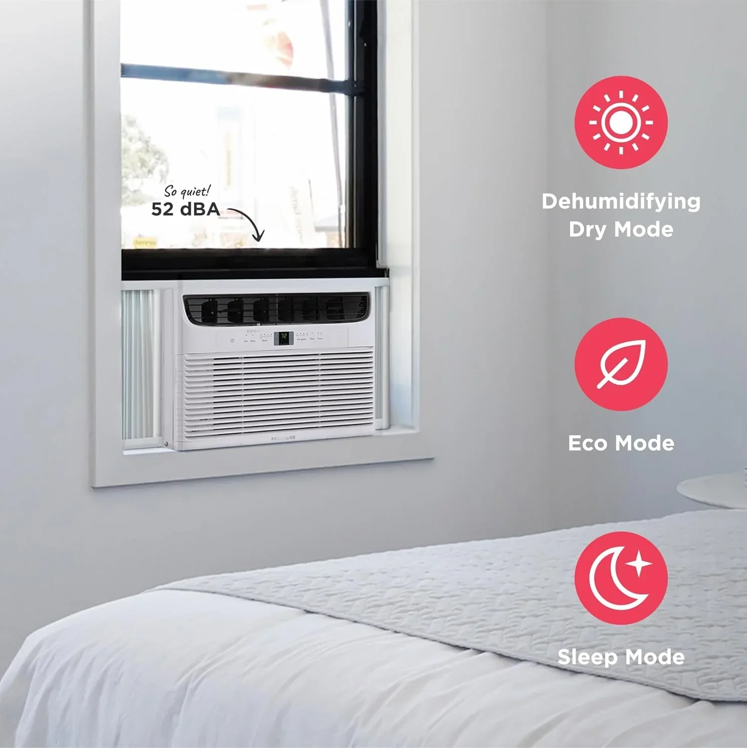 Climatiseur de fenêtre Frigidaire 5 000 BTU avec télécommande. Refroidit jusqu'à 150 pi². Fonctionnement silencieux.