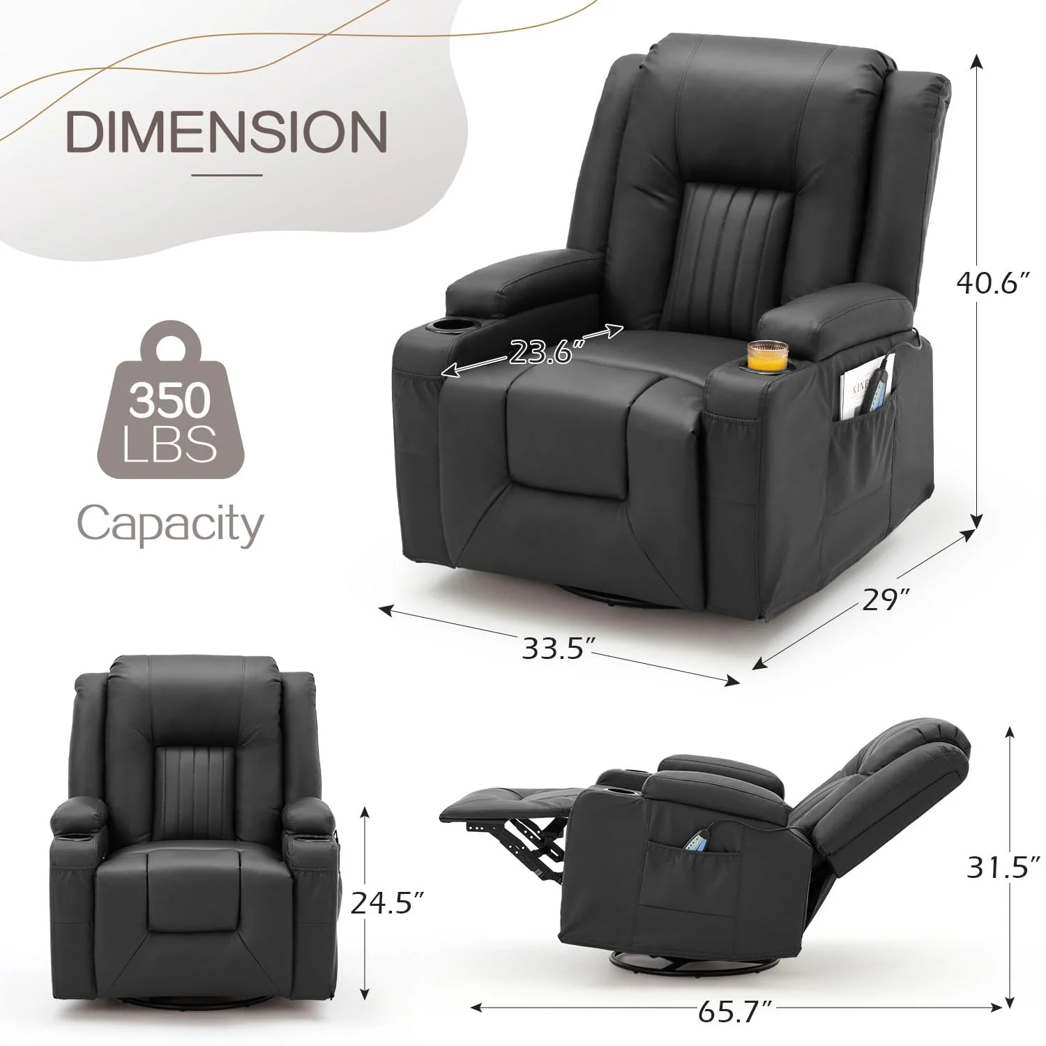 AECOJOY Massage Recliner Manual Chair with Heating & 360° Swivel Rocking Function, Black