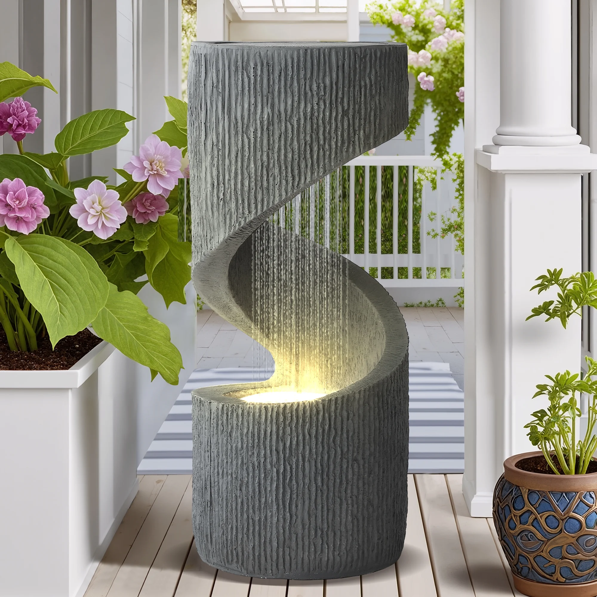 Magic Union Outdoor S - Shaped Water Fountain, Spiral Waterfall Indoor Fountain Outside Garden Decor with LED Lights & Pump, Curved Patio Resin Fountains for Yard, Deck, Porch and Home Decorations