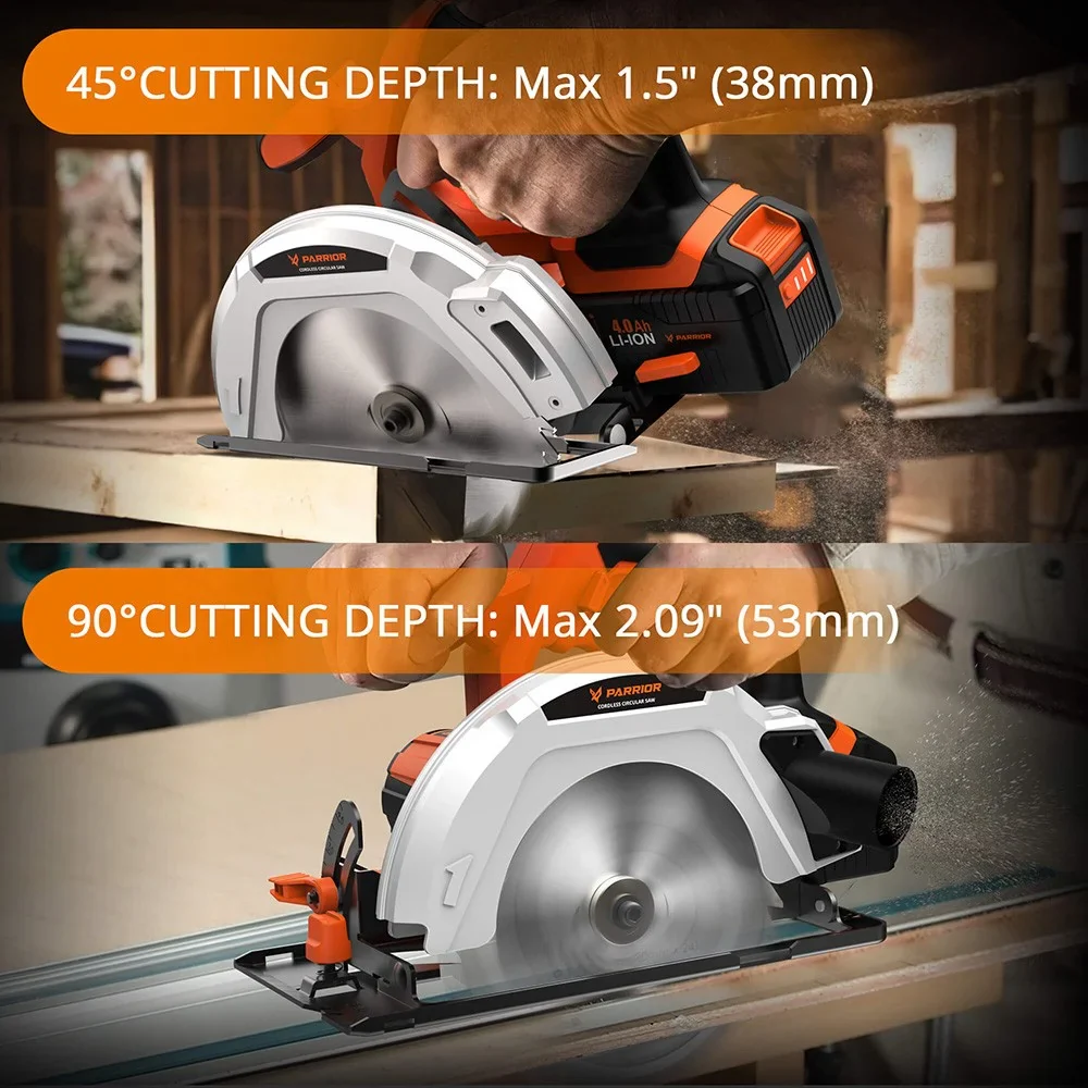 Parrior CCS05 20V Cordless Circular Saw, with 4Ah Battery, 3500RPM Rotating Speed, Fasting Charging, Adjustable Cutting Depth 45��/90��