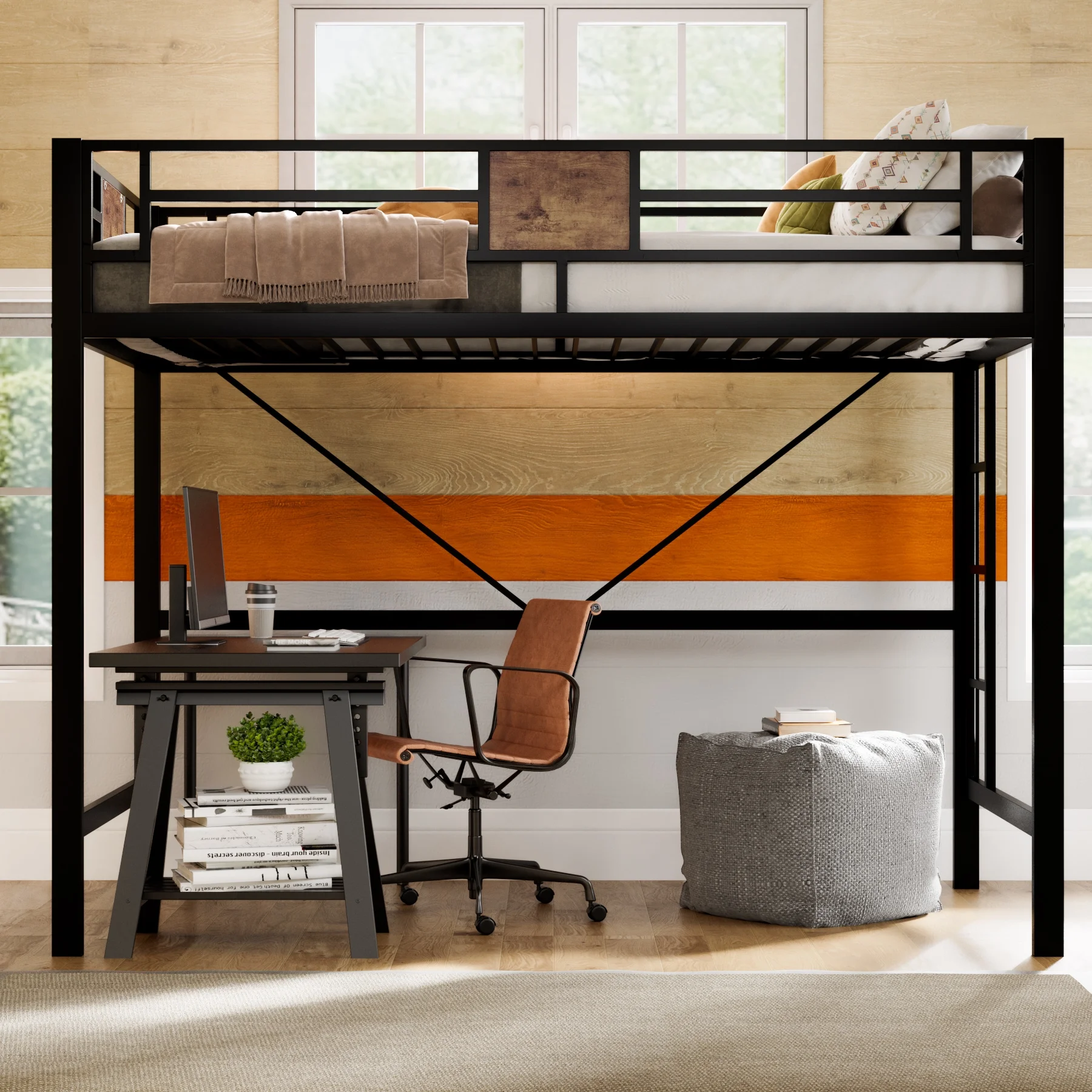 Twin Size Loft Bed Frame with 13''Fully Enclosed Guardrail and Removable Ladders, Black Image 2