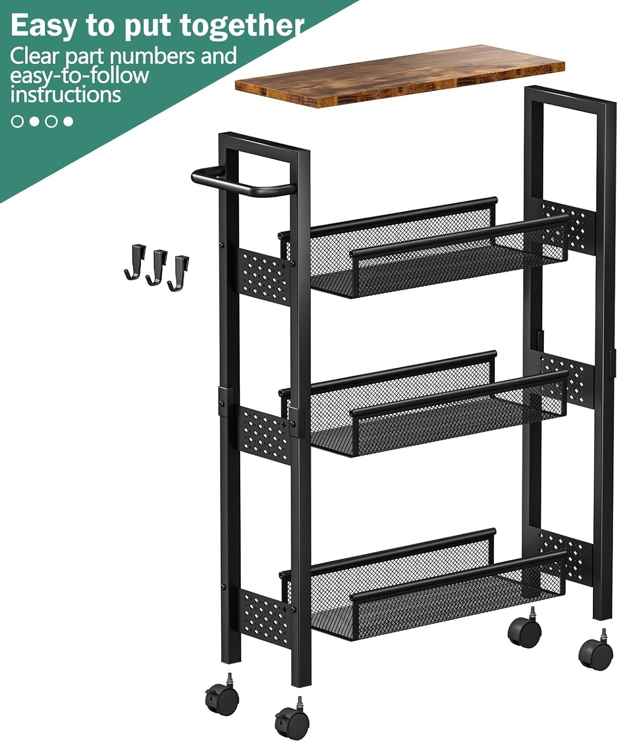 Vivihomety 4-Tier Slim Utility Rolling Laundry Cart with Wheels, Metal