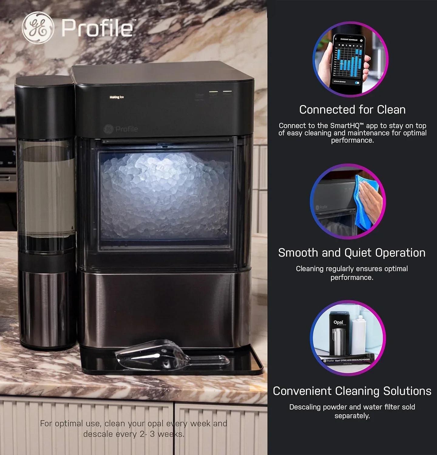 Machine à glaçons GE Profile Opal 2.0 XL avec réservoir de 3,8 litres (1 gallon) et glaçons en pépites croquantes à croquer.