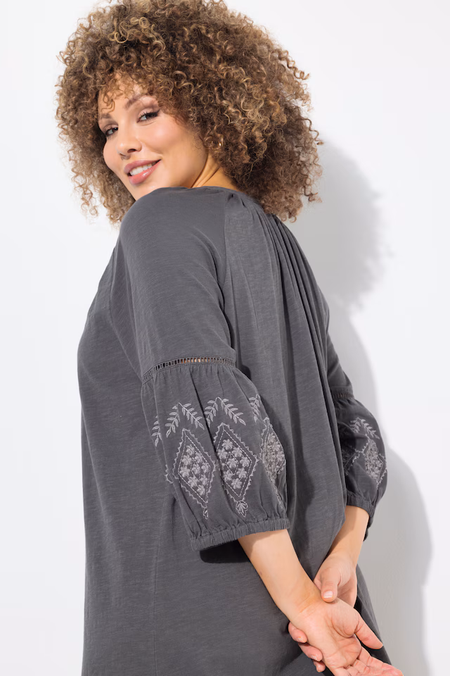 Embroidered Sleeve Split Neck Jersey Dress