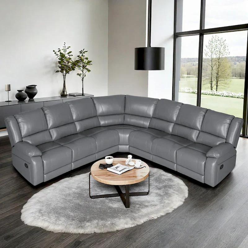 129W 7-Seat Faux Leather Manual Reclining Large Sectional Sofa