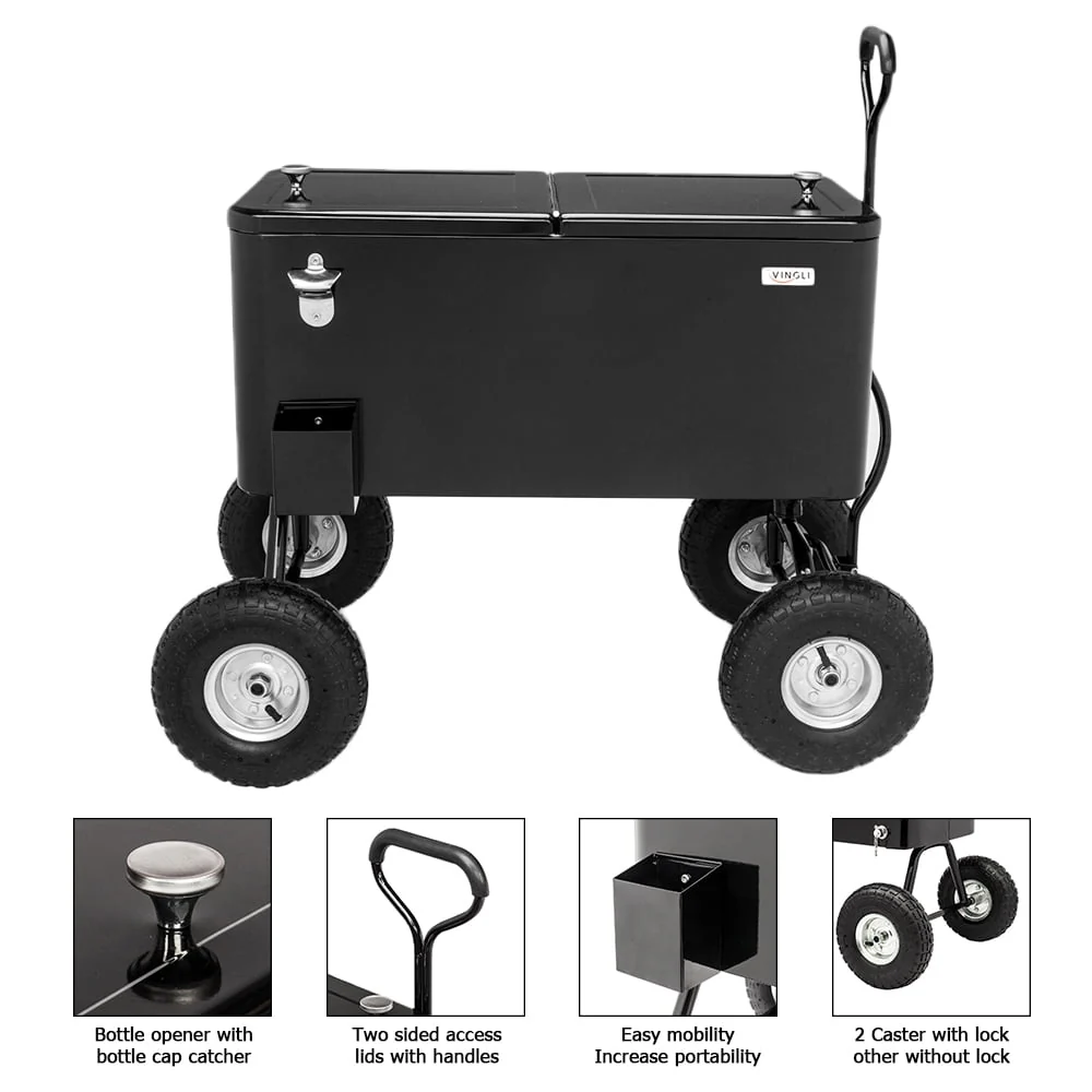 VINGLI 80 Quart Wagon Rolling Cooler Ice Chest, w/Long Handle and 10" Wheels, Portable Beach Patio Party Bar Cold Drink Beverage , Outdoor Park Cart on Wheels Image 4