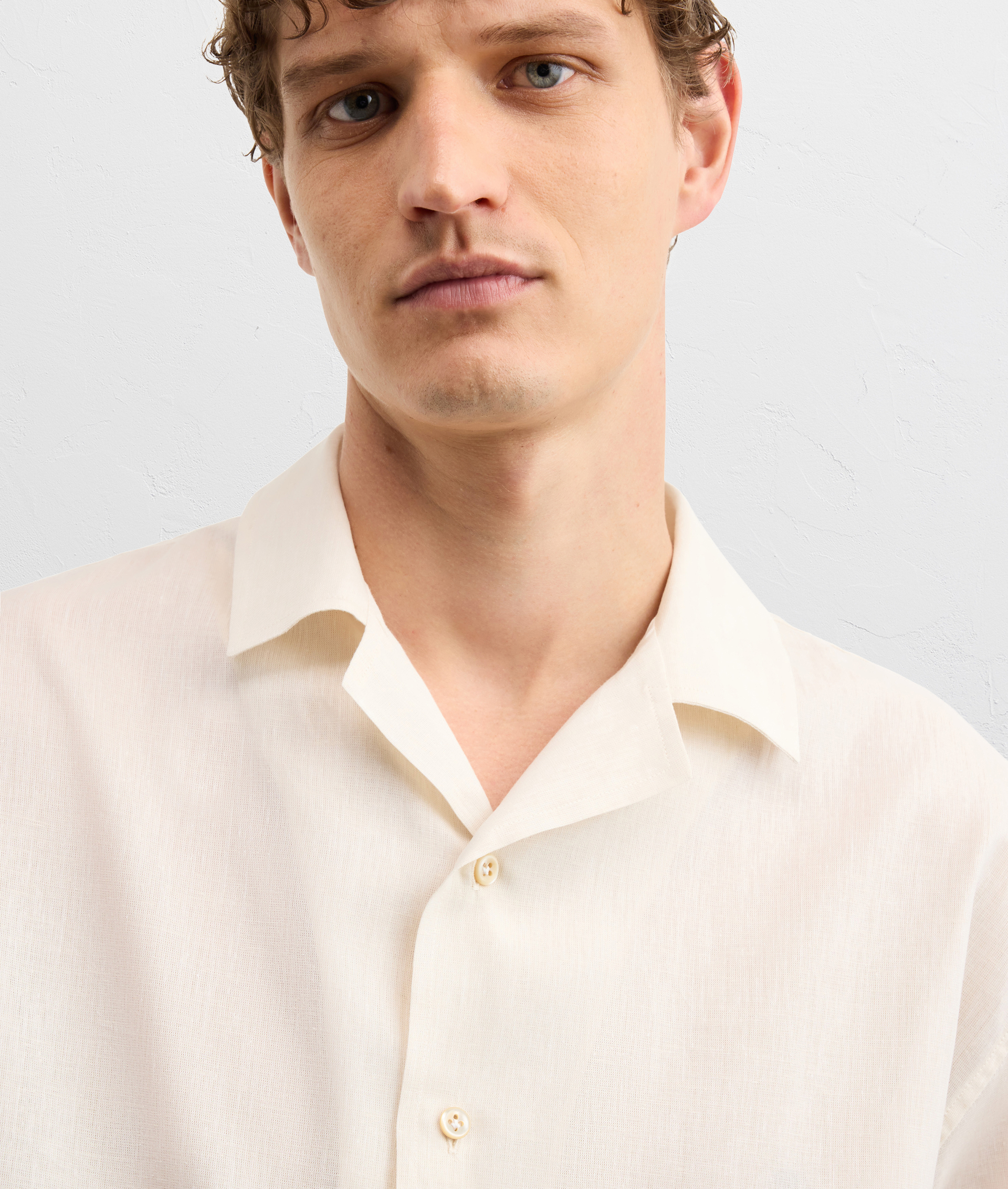 BEIGE LINEN AND COTTON SHIRT WITH A PANAREA COLLAR AND SHORT SLEEVES