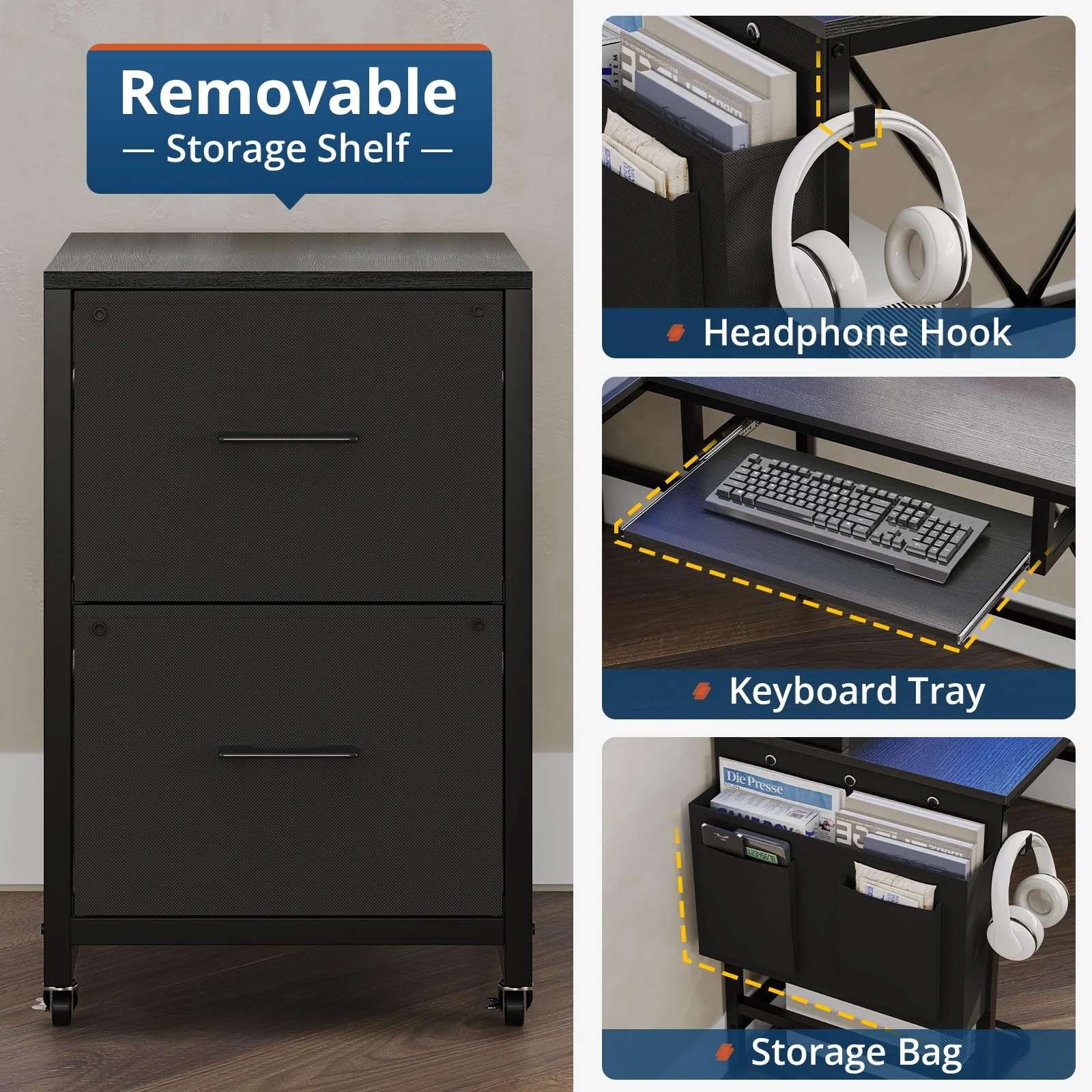 L Shaped Computer Desk with Power Outlet and LED Strip, Reversible Corner Gaming Desk with 2 Drawer and Keyboard Tray, Black - Image 4