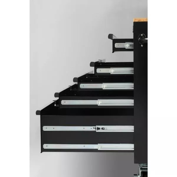 Coffre à outils mobile à 9 tiroirs, noir brillant, avec plateau en bois dur et station d'alimentation, 46 po L x 24,5 po P