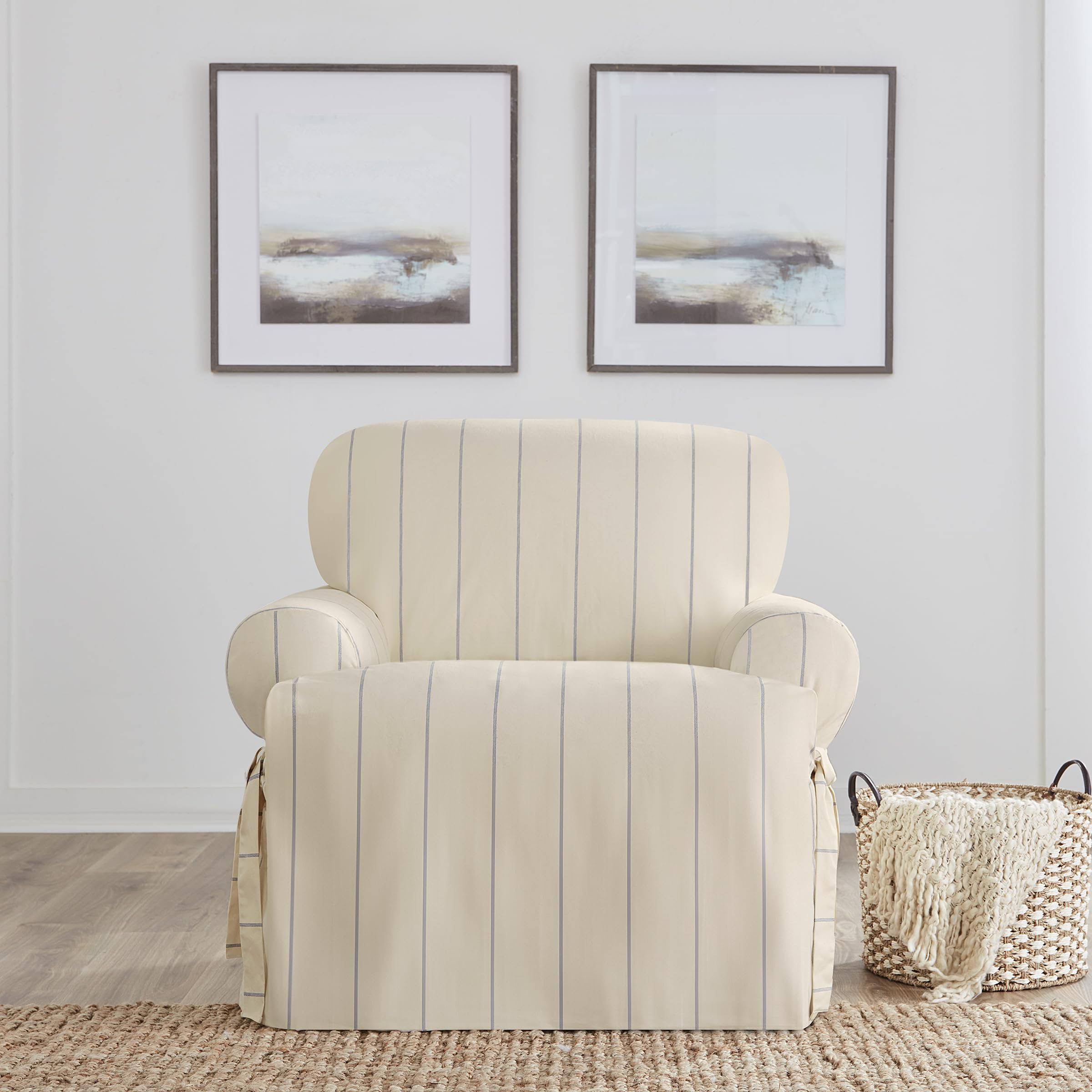 Heavyweight Natural with Blue Stripe Cotton Duck T-Cushion Chair Slipcover