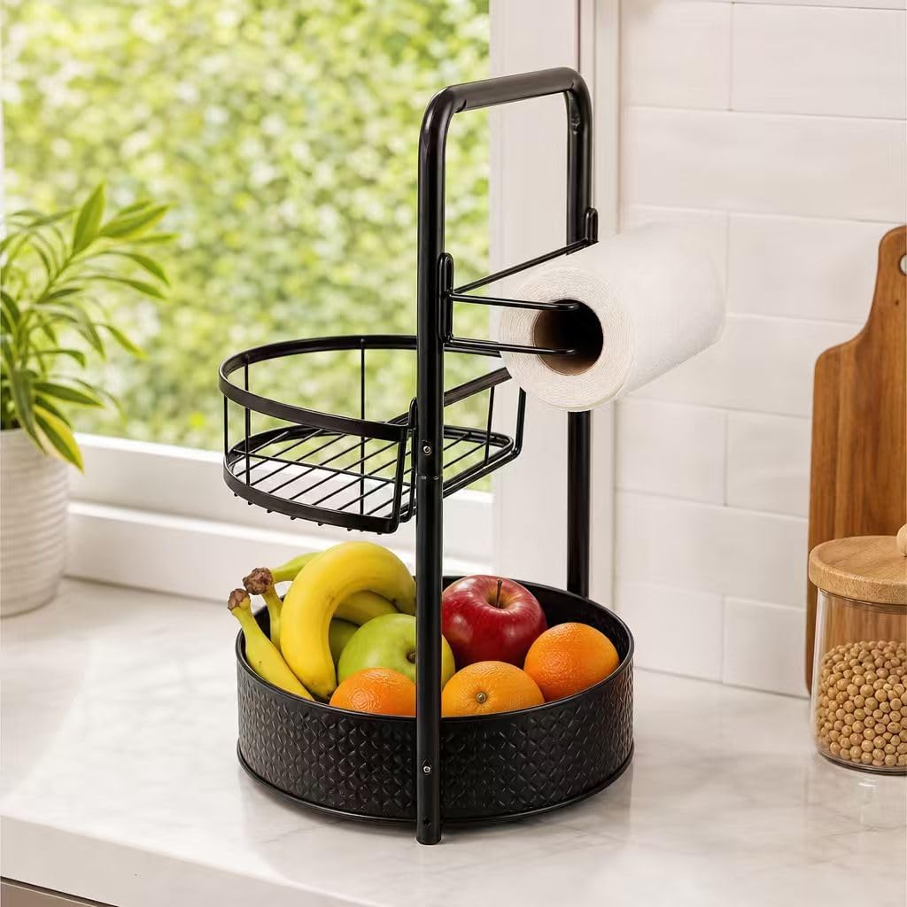 2-Tier Rotating Counter Spice Rack, Carbon Steel Seasoning Organizer with Paper Towel Bar
