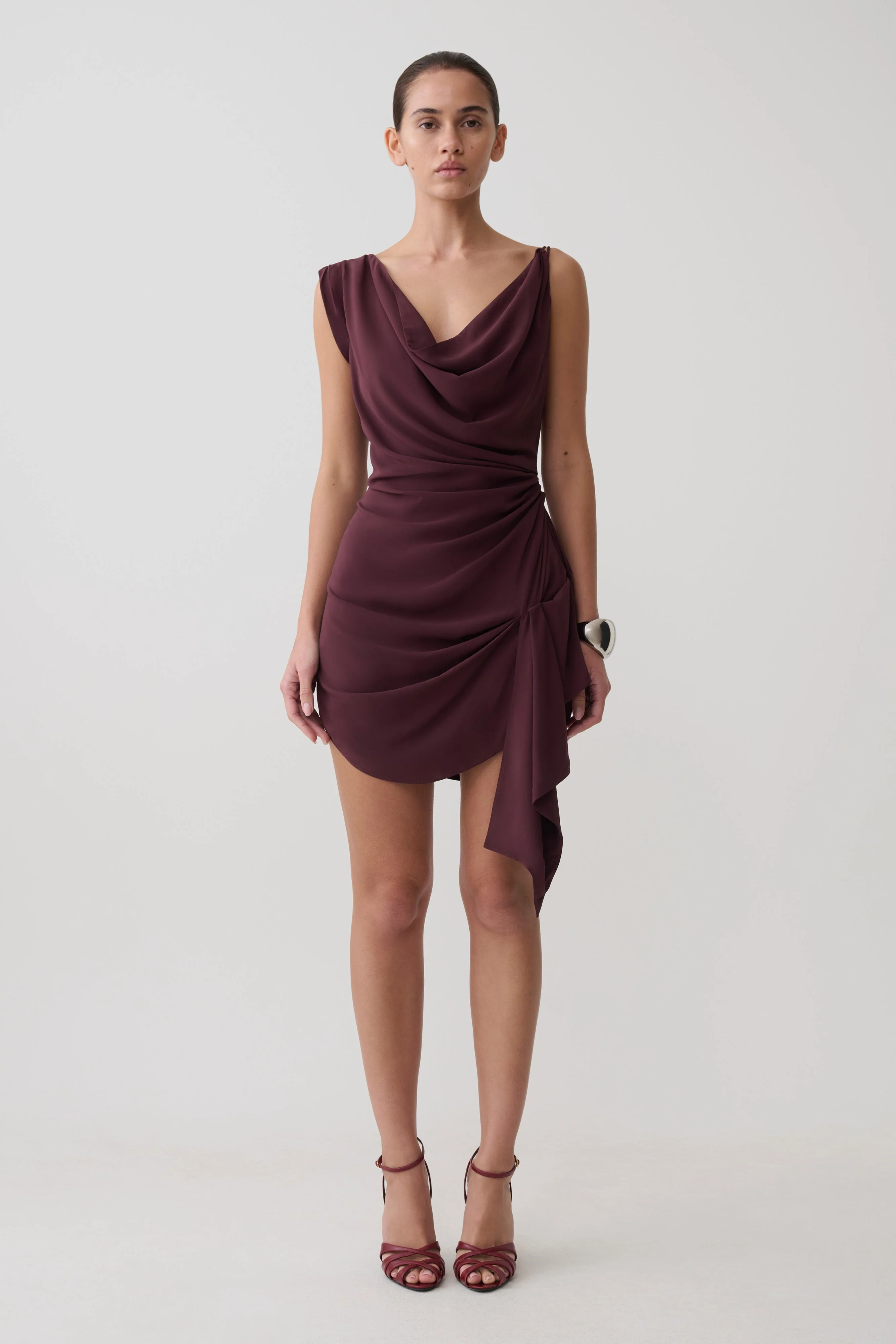 Lucile Cowl Drape Satin Mini Dress - Plum