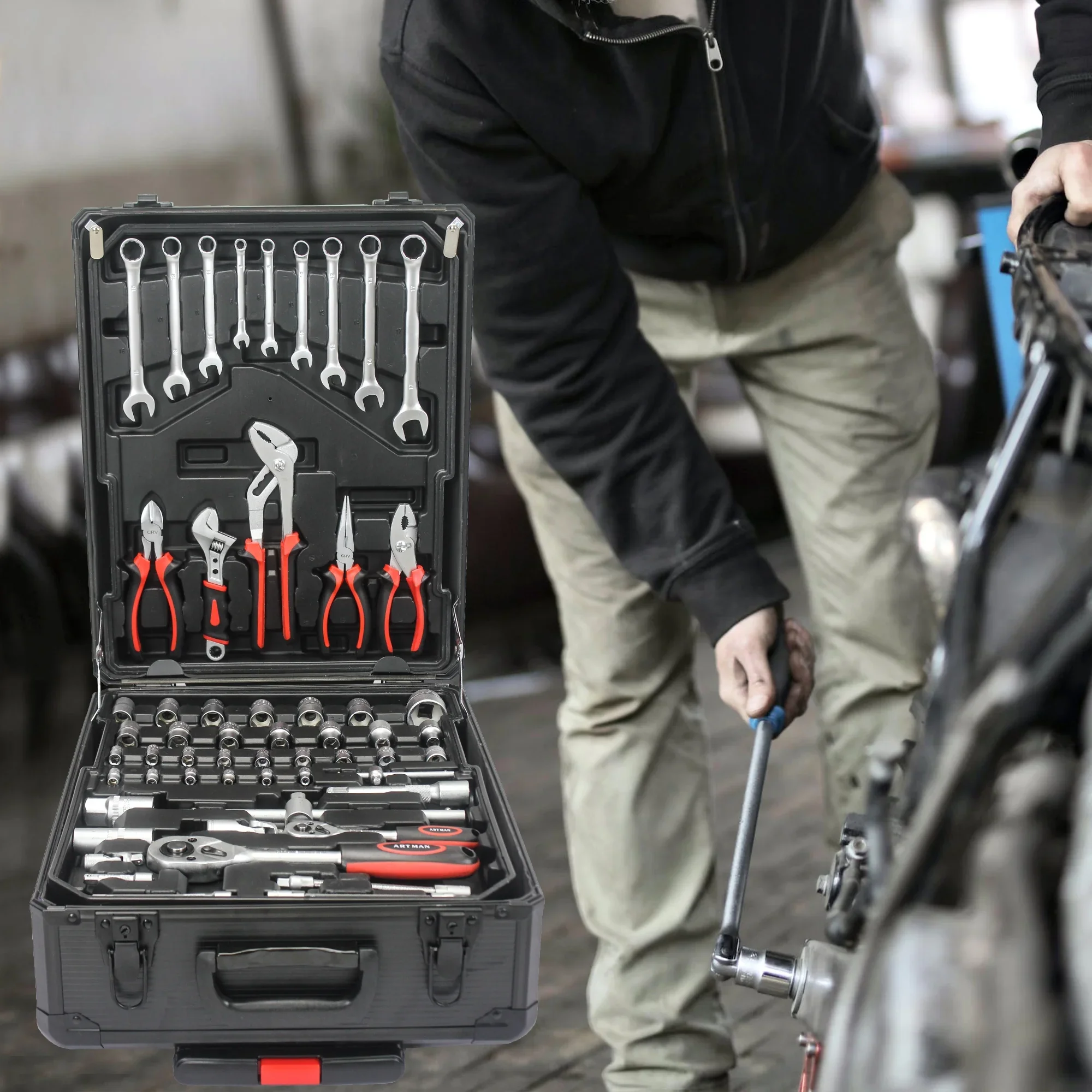 799 Pieces Professional Mechanics Hand Tool Set, Mobile Tool box on Wheels W/Ratchets&Socket, Screwdriver, Tongs, 4-layer Tool Case & Tool Kit, Silver