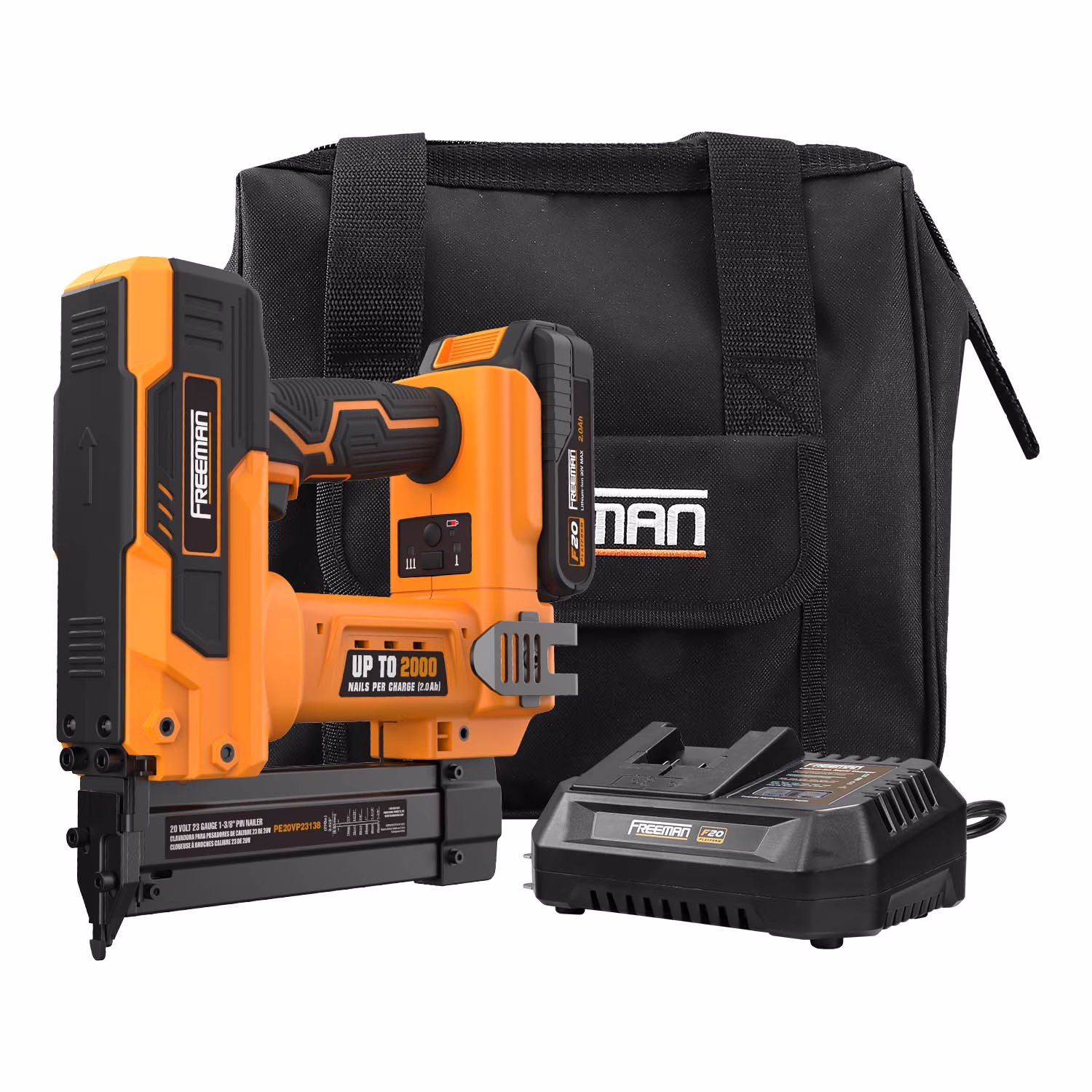 Freeman PE20VP23138 20 Volt Cordless 23-Gauge 1-3/8 Pin Nailer Kit with Lithium Ion Battery, Charger, Bag, and Nails (1000 Count) �C 2000 Shots per Charge