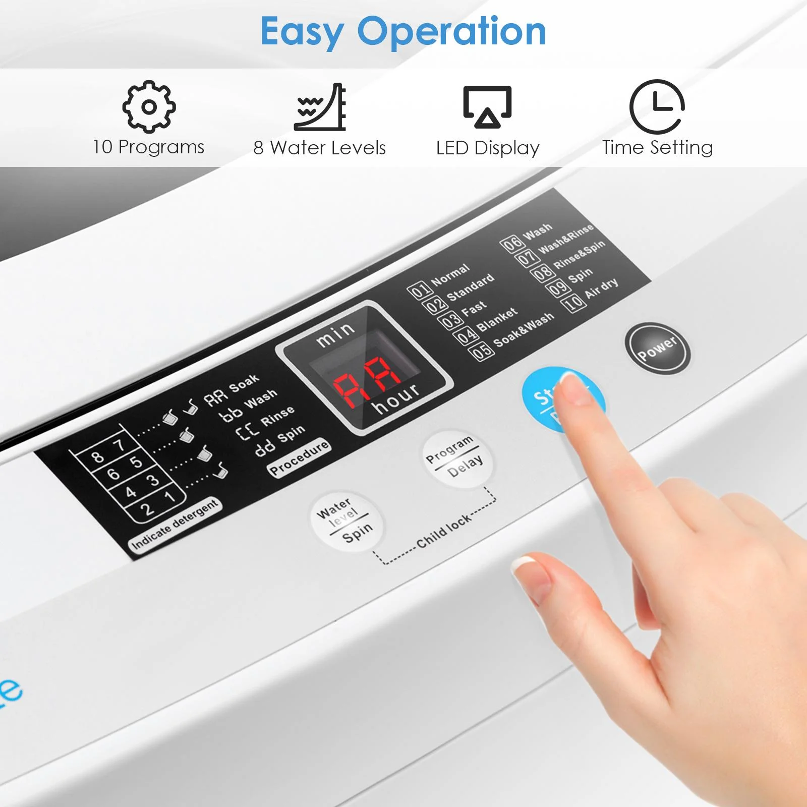 Full-Automatic Washing Machine, 1.34 Cu.ft Compact Washer w/10 Programs, 8 Water Levels LED Panel, 9.92 Lbs Capacity Portable Cloth Washer and Spinner w/Drain Pump - Image 6