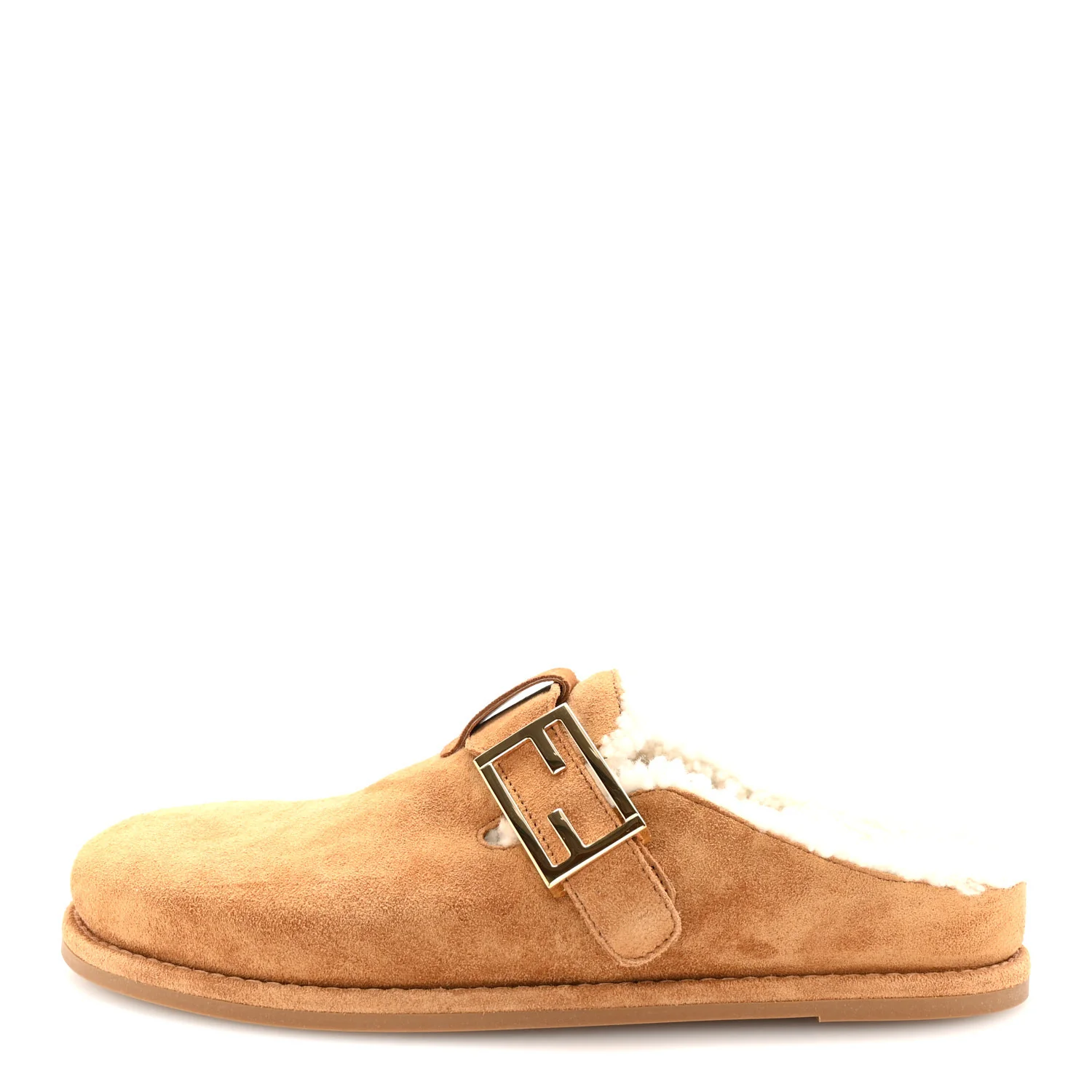 Suede Shearling Fendi Feel Buckled Clogs 38 Caramel Latte