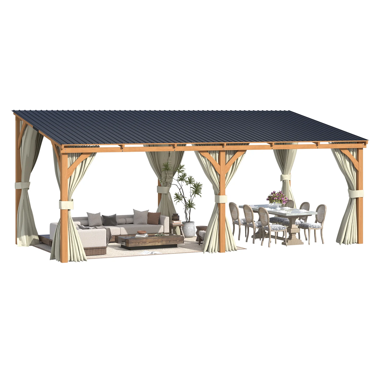 AECOJOY 20x10 Outdoor Wooden Pergola Gazebo with Curtains and Netting for Patio
