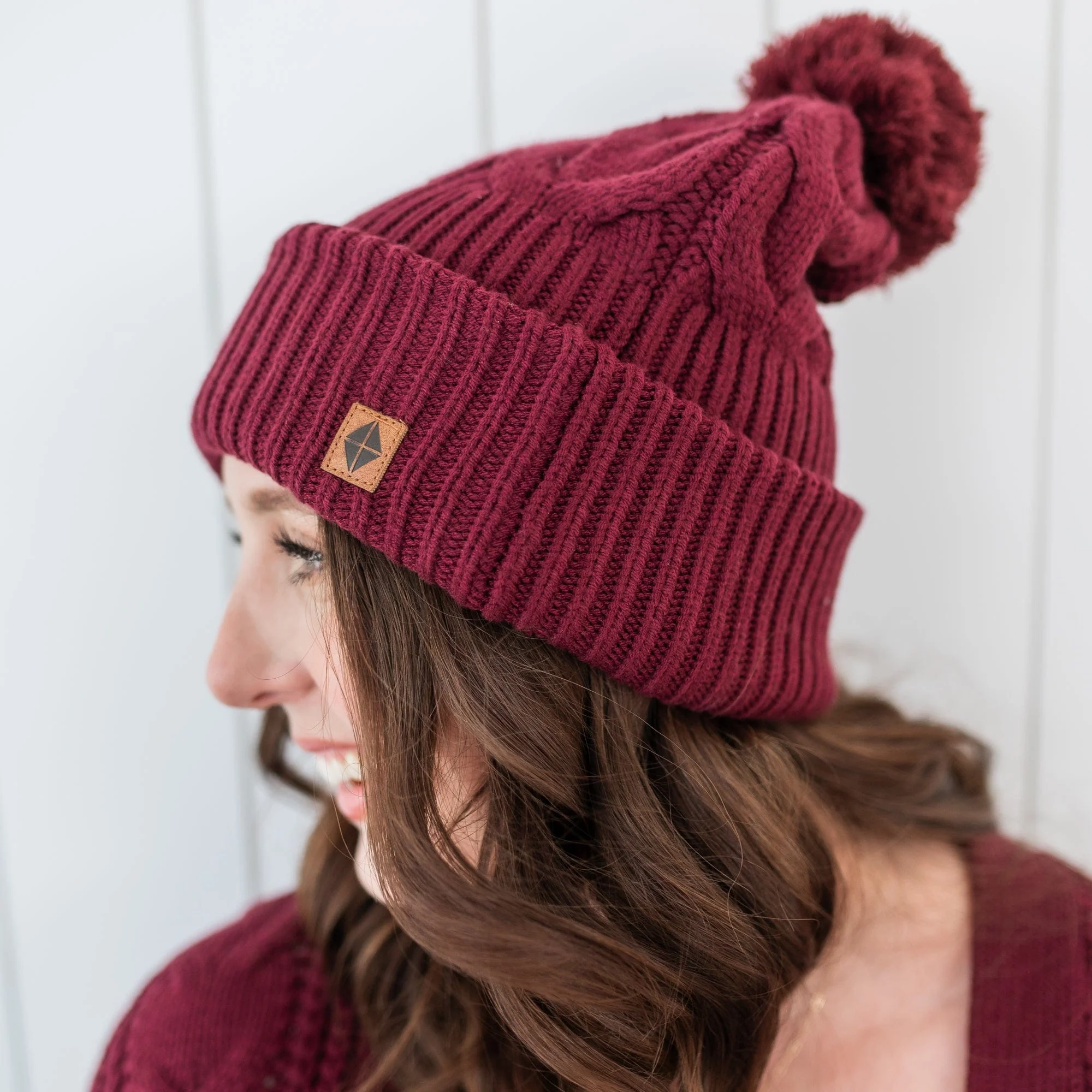 Cable Knit Adult Pom Beanie in Burgundy