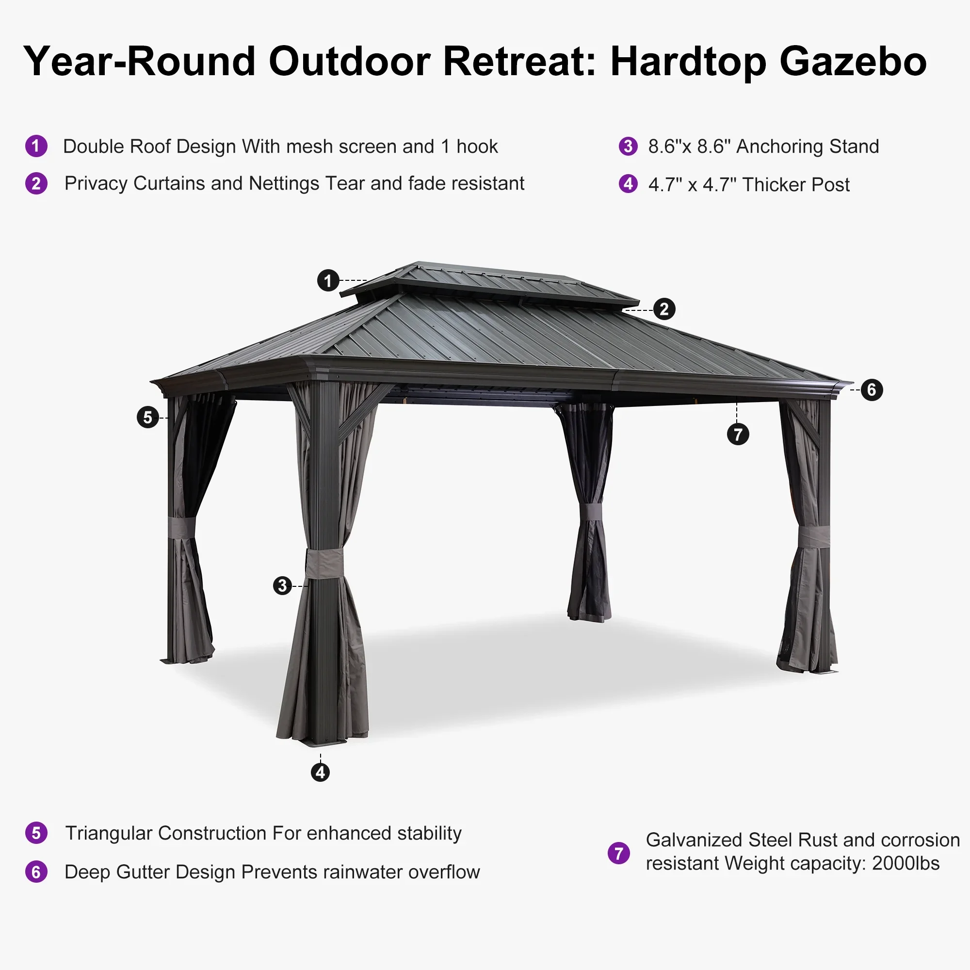 PURPLE LEAF 10' X 14' Permanent Hardtop Gazebo Aluminum Gazebo with Galvanized Steel Double Roof for Patio Lawn and Garden, Curtains and Netting Included, Gray