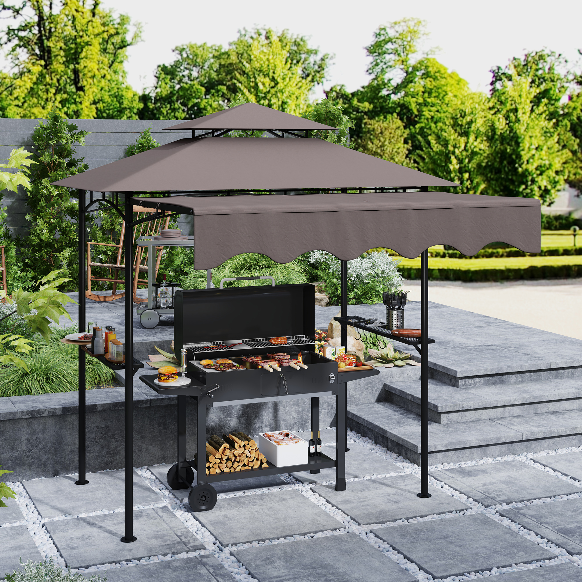 Outsunny Grillpaviljoen 242x149x248 cm Waterafstotend Vlamvertragend Tuinpaviljoen met Dubbellagig Dak Koffie