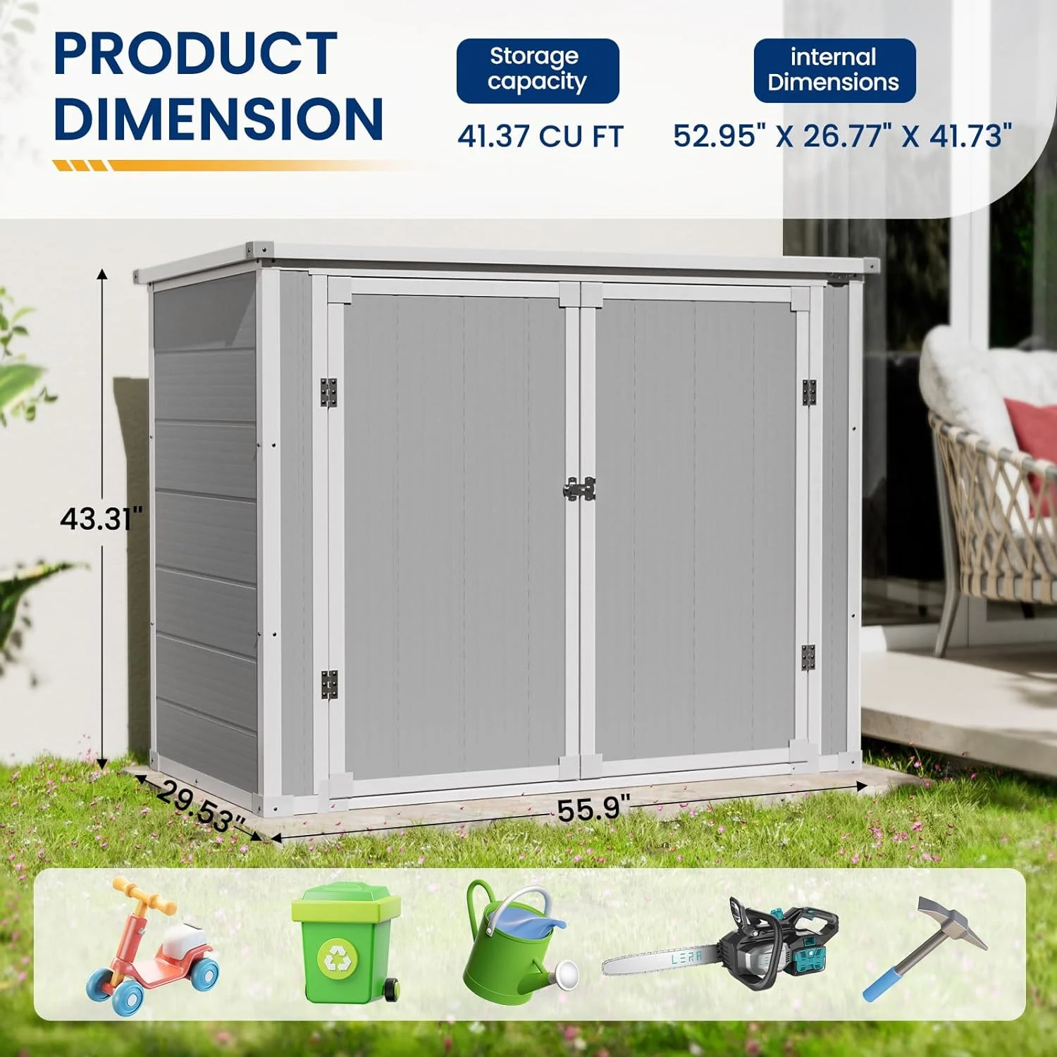 Outdoor Storage Shed 41 Cu Ft Weather Resistant Resin with Floor Gray(Gray) - Image 6