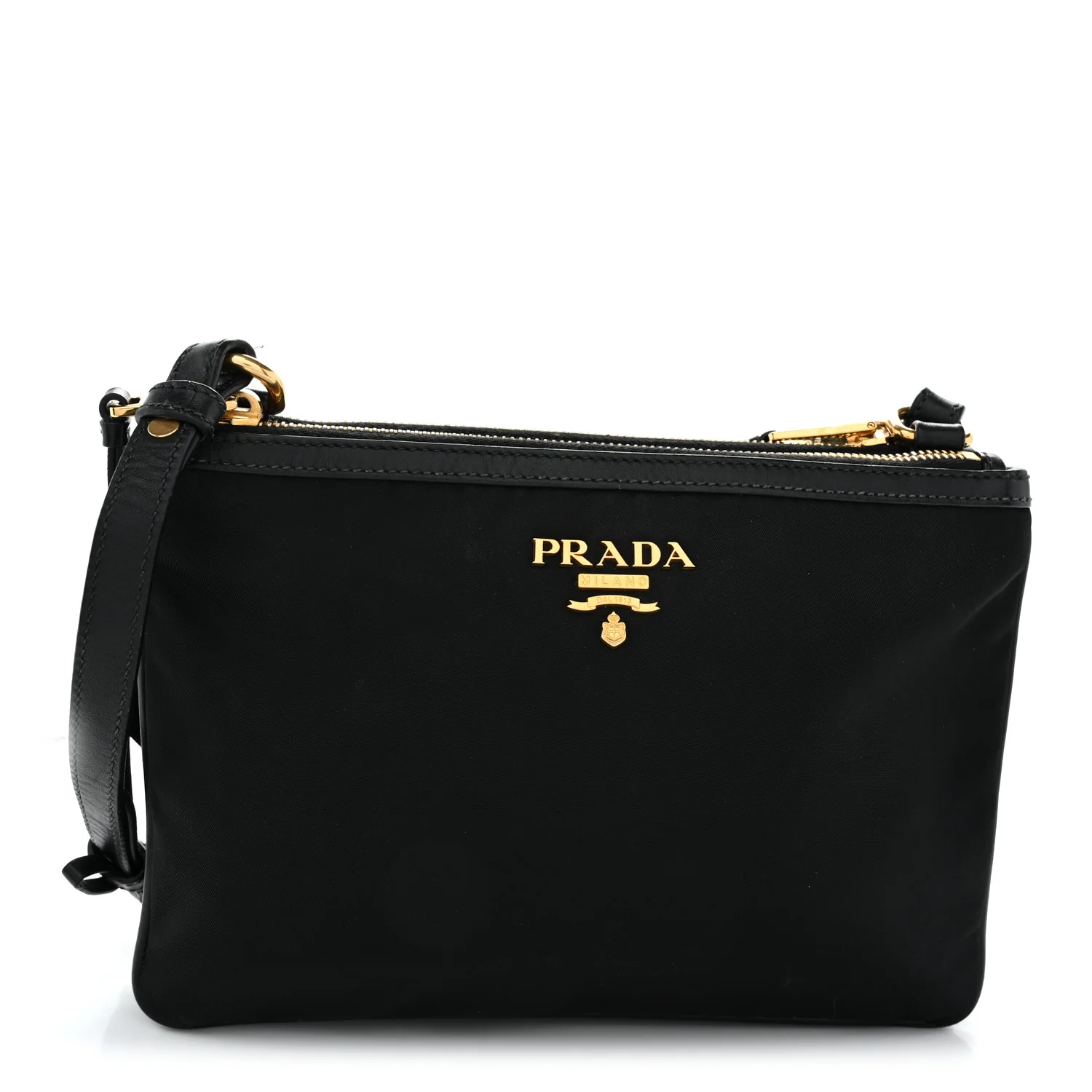 Tessuto Nylon Soft Calf Double Zip Crossbody Bag Black