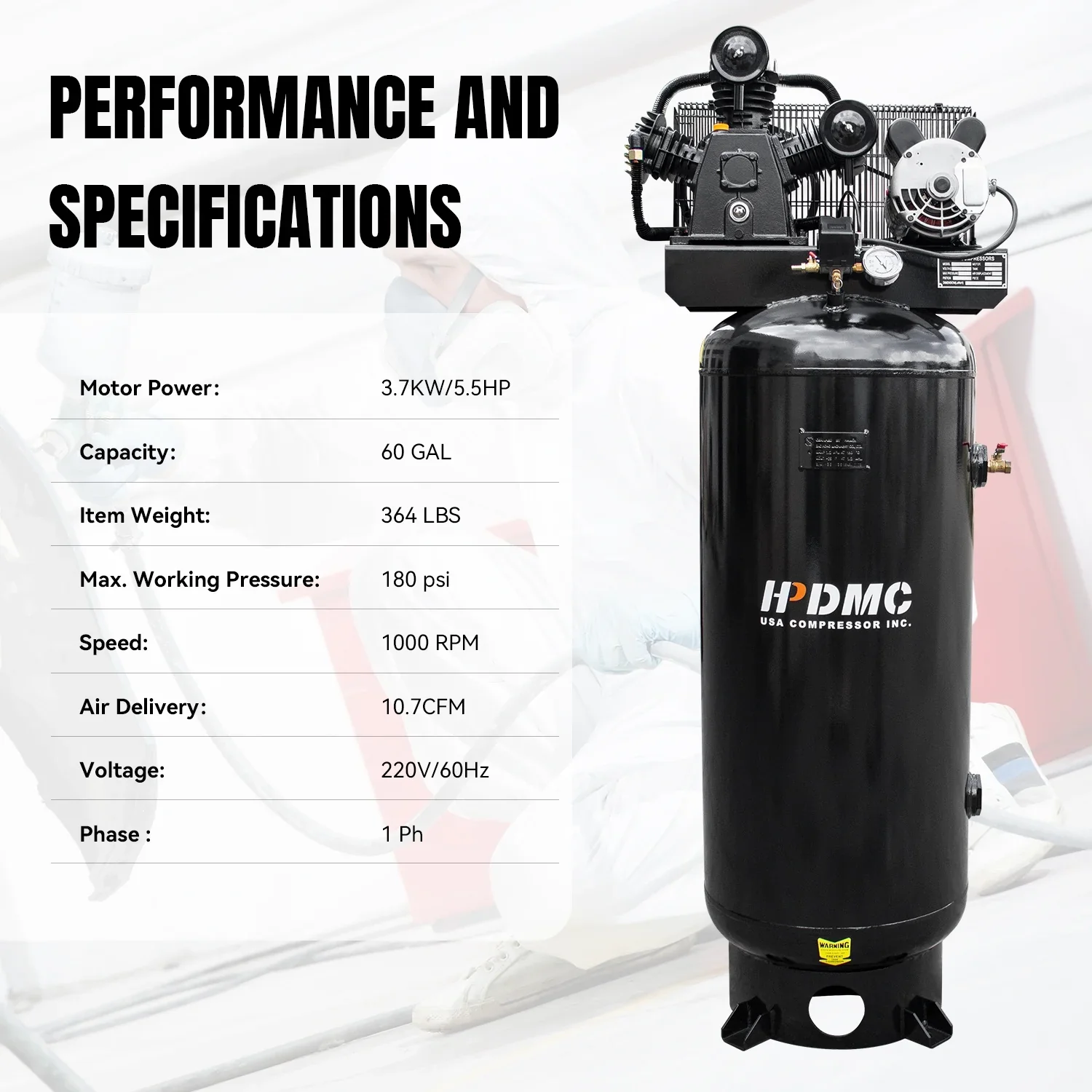 HPDMC 5.5HP Piston Air Compressor 220V/1Ph 60-Gallon Vertical ASME Tank 10.7CFM Max. Pressure 180psi Two-Stage Electric Stationary Air Compressor