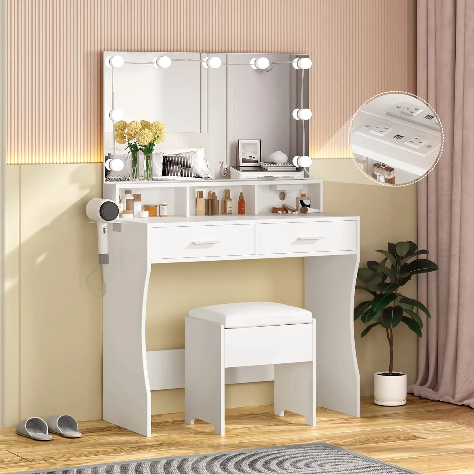 Veanerwood 31.5in Makeup Vanity Table with Lighted Mirror  Power Strip, Vanity Desk Set with Hair Dryer Holder, 3 Lighting Colors, White Finish(Black)