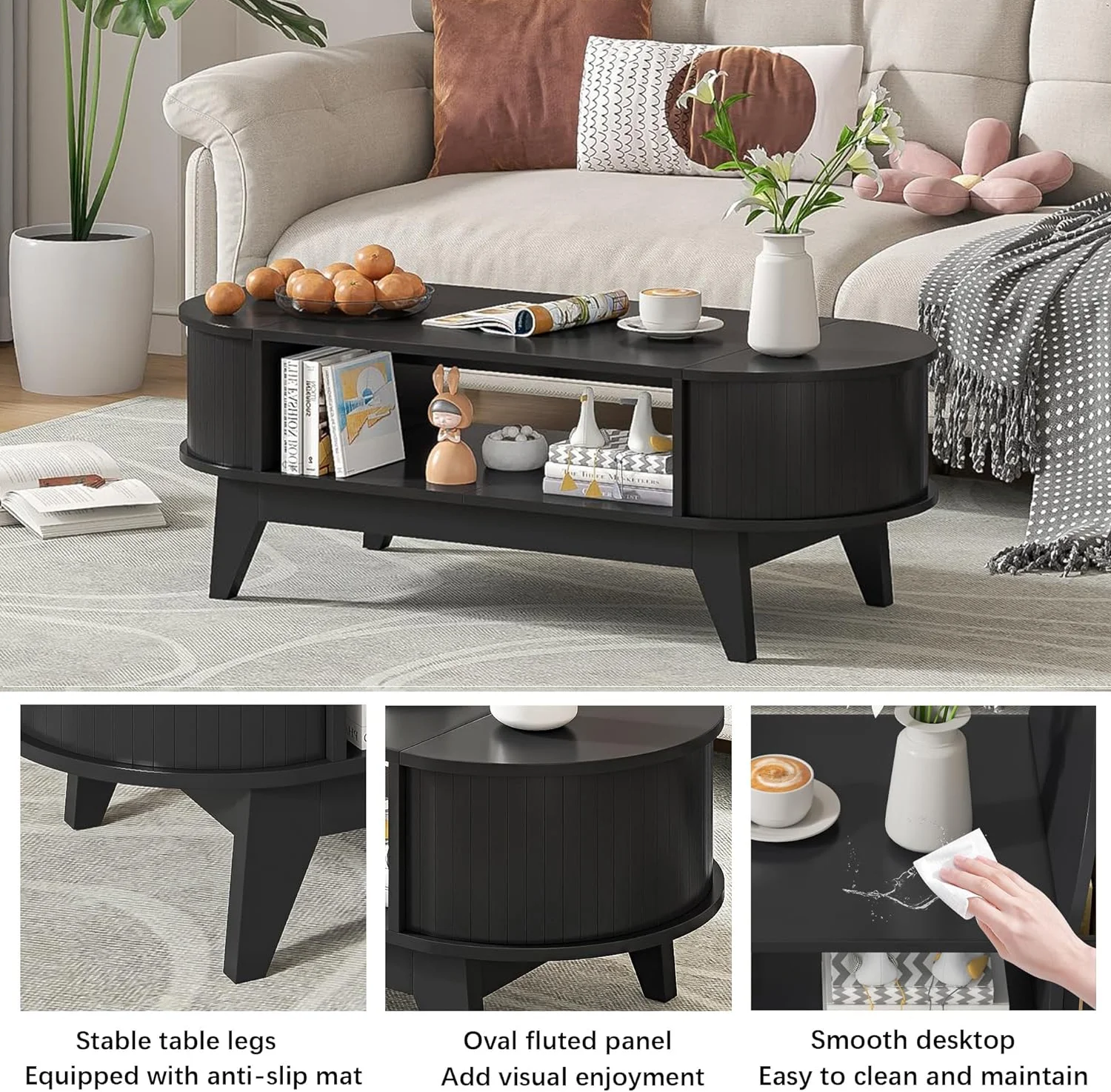 Fluted Coffee Table with Storage, Modern Coffee Tables, Wood Accent Center Table(Wood) - Image 10