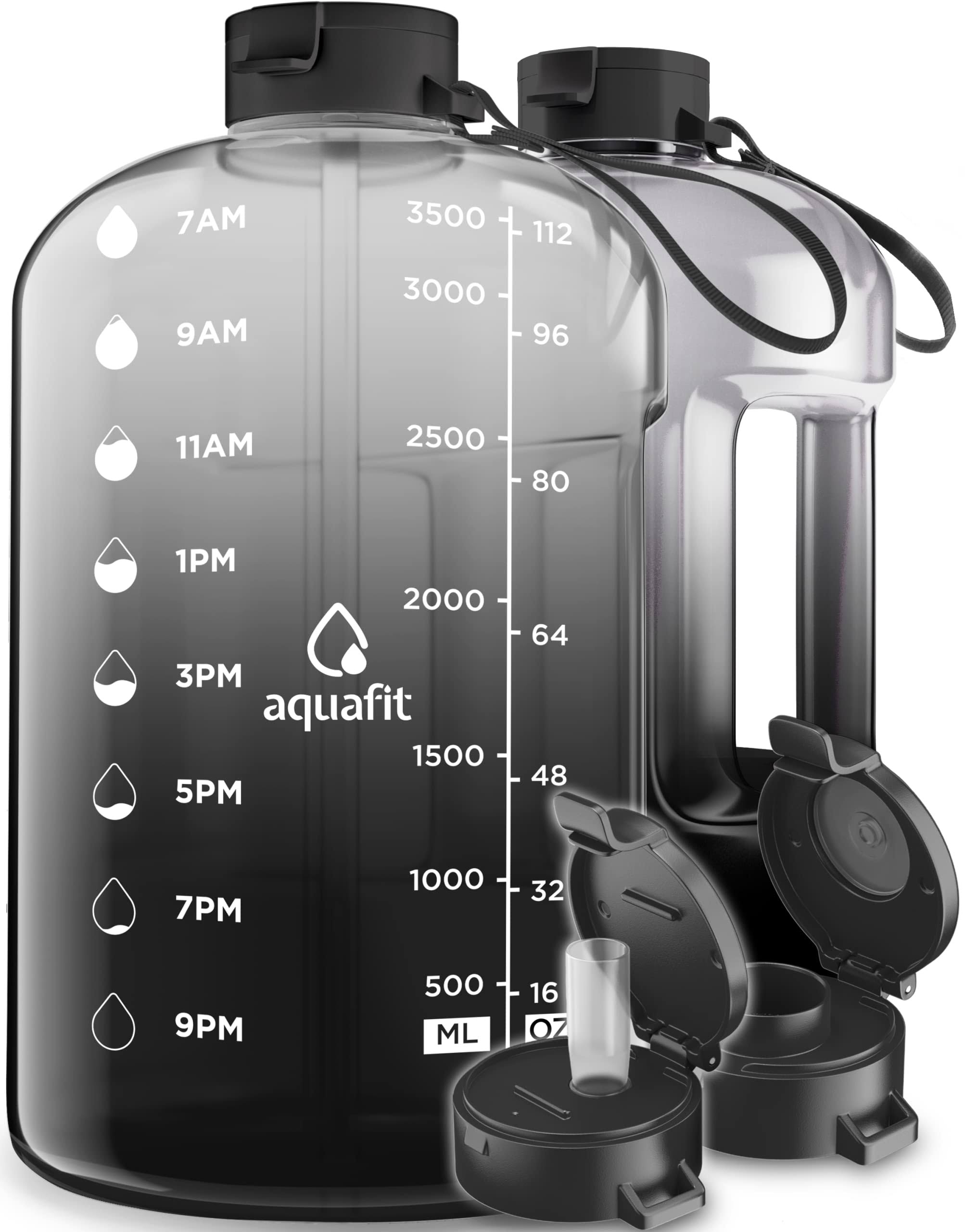 Aquafit 1 Gallon Water Bottle with Time Marker - 128 oz Water Bottle with Straw - Gym Water Bottle with Strap - Big Water Bottle