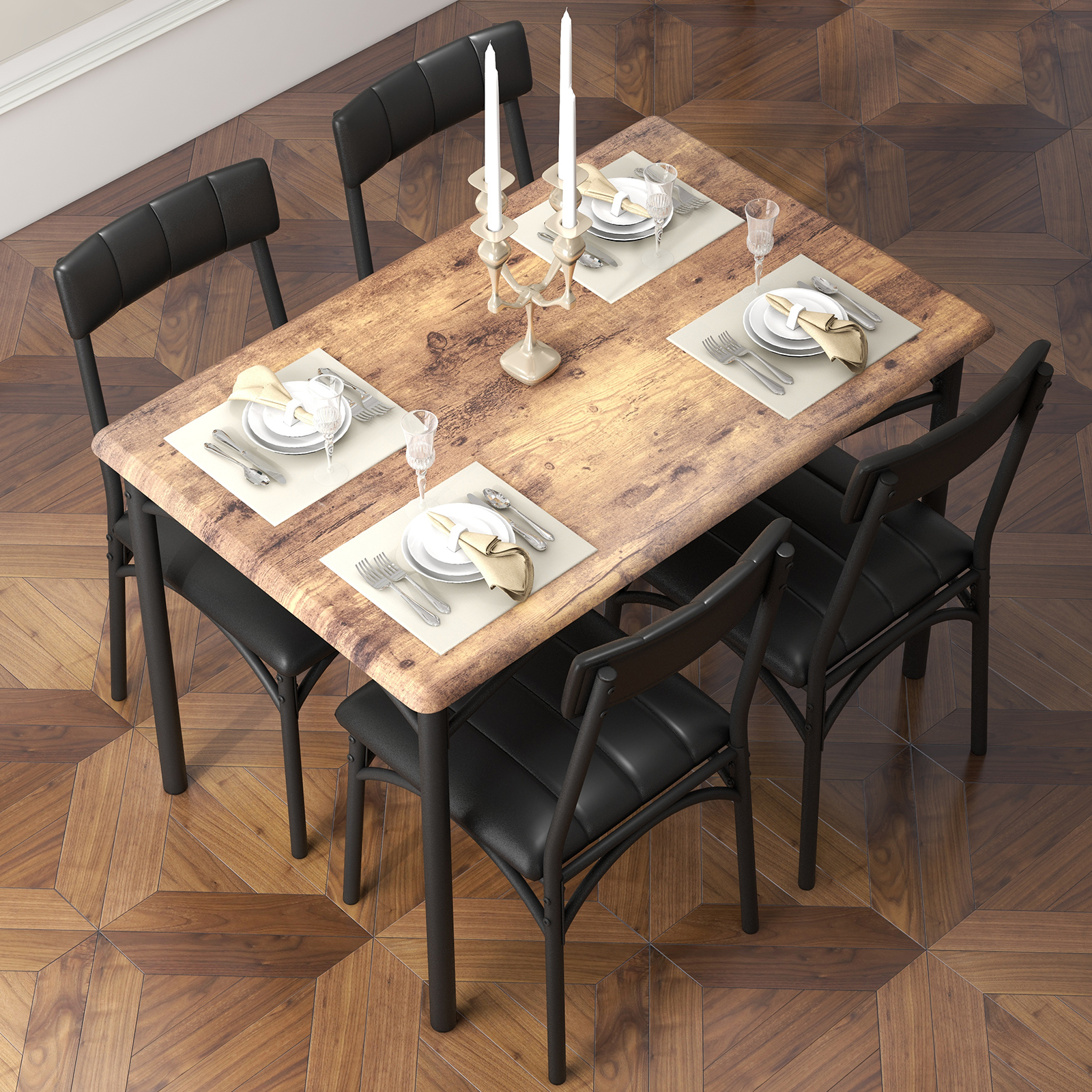 5 Piece Dining Table and Chairs Set, Wood Rectangular Dining Table with 4 Upholstered Chairs(Brown) Image 4