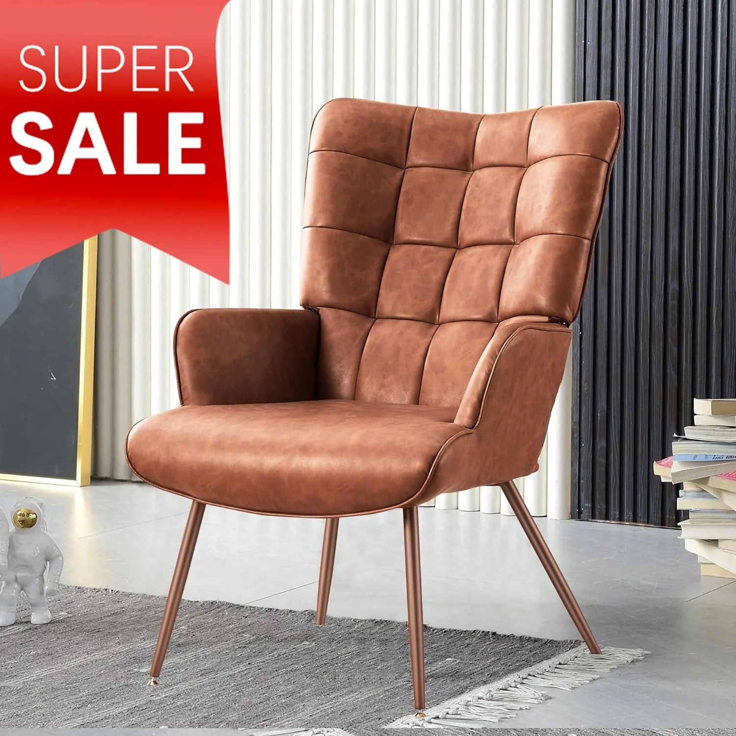 Livingroom Chair Modern Accent Chair, Faux Leather Wingback Accent Chair PU Leather Accent Chair for Home Office/Living Room/Bedroom, Maroon(Brown)