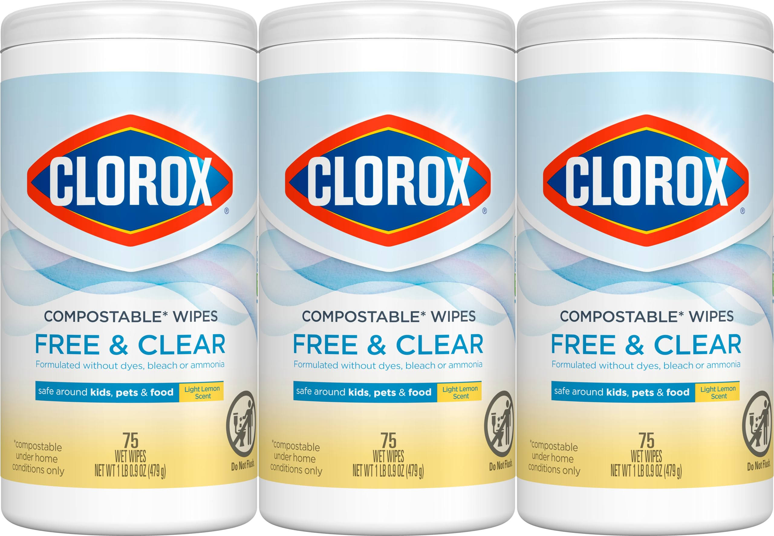 Clorox Compostable Cleaning Wipes - All Purpose Wipes - Simply Lemon, 75 Count (Pack of 3), White