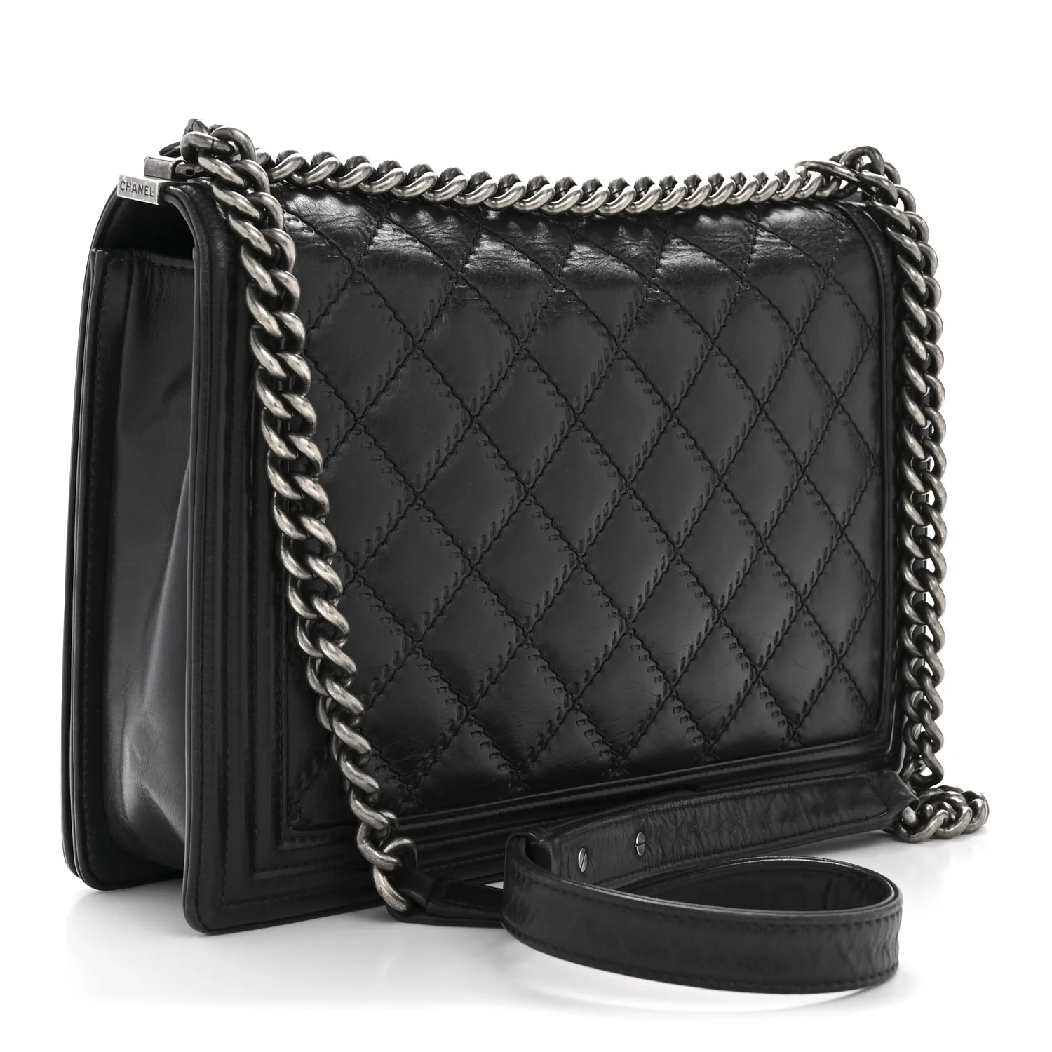 Calfskin Embossed Stitch Large Boy Flap Black