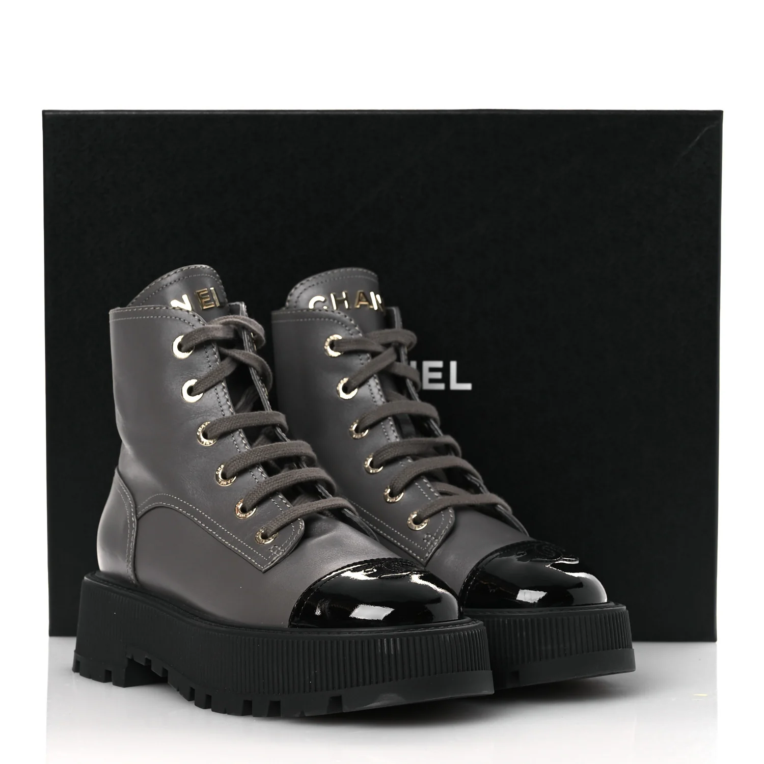 Calfskin Patent Calfskin CC Lace Up Combat Boots 36.5 Gray Black