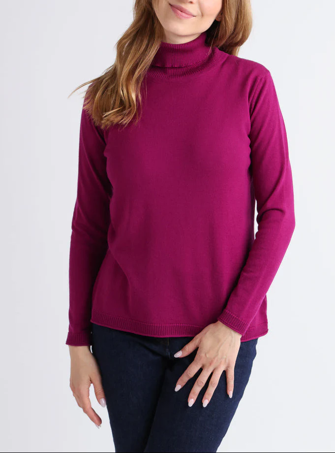 Pull femme col roulé en laine mérinos violet améthyste
