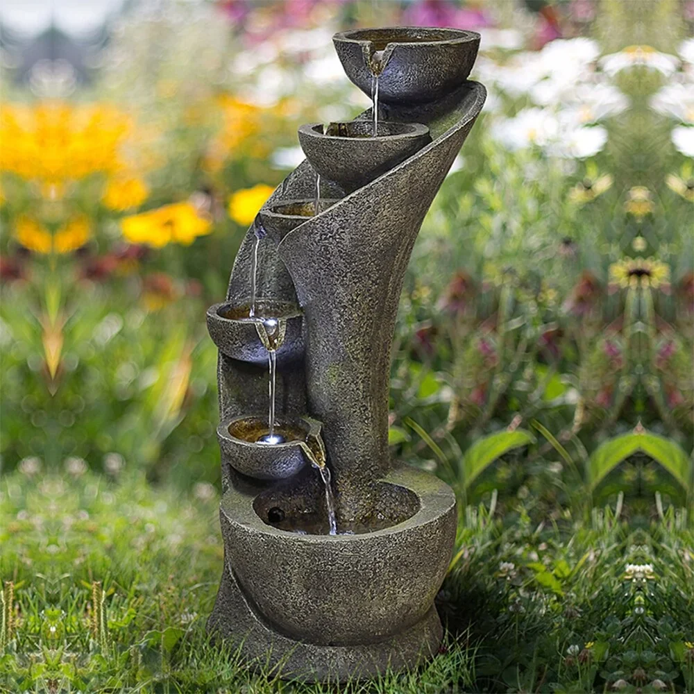 40.5 High Rocks Outdoor Water Fountain - 6-Tiers Cascading Waterfall with LED Lights, Soothing Tranquility for Home Garden, Yard Decor