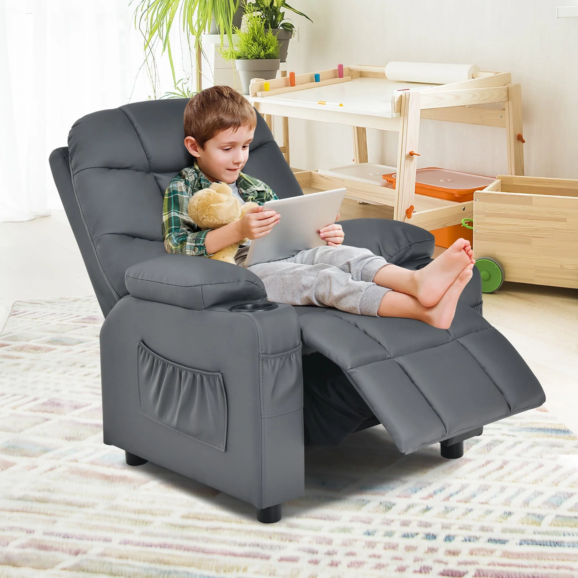 Kids Youth Recliner Chair PU Leather w/Cup Holders Side Pockets Grey(Beige) - Image 5