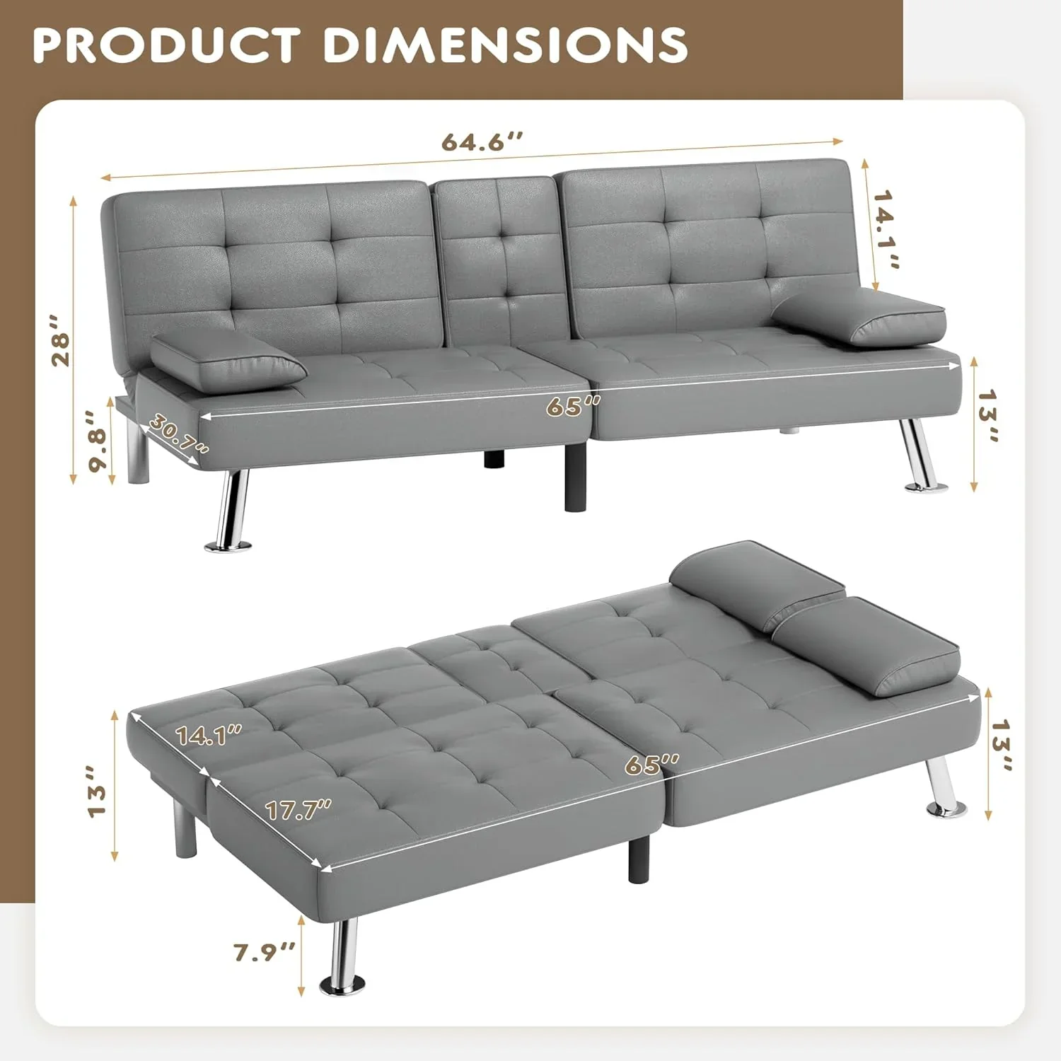 Canapé-lit futon Homall en cuir avec accoudoirs et fauteuil inclinable réglable