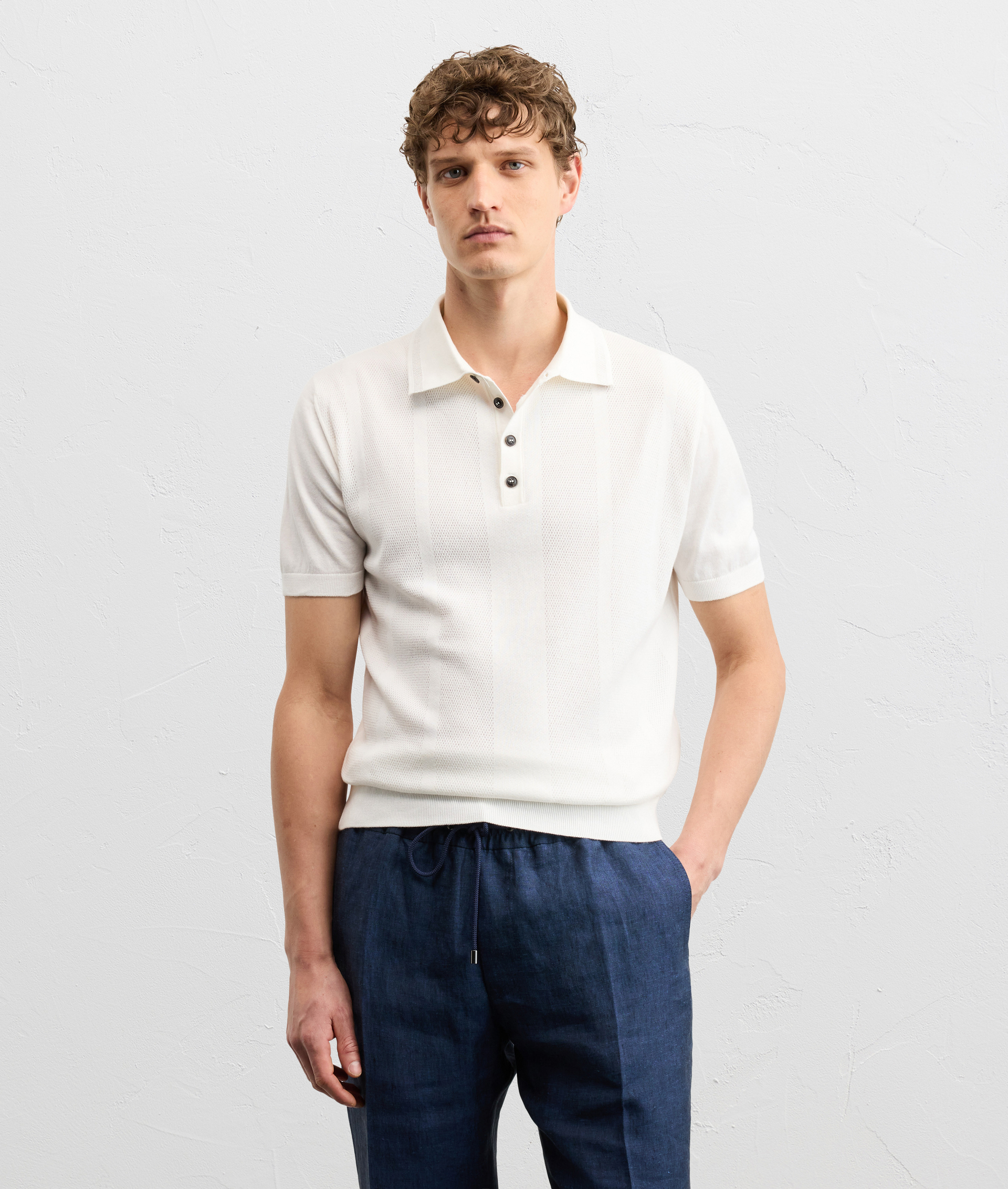 WHITE COTTON SHORT SLEEVED POLO SHIRT WITH RIBBED TRIM