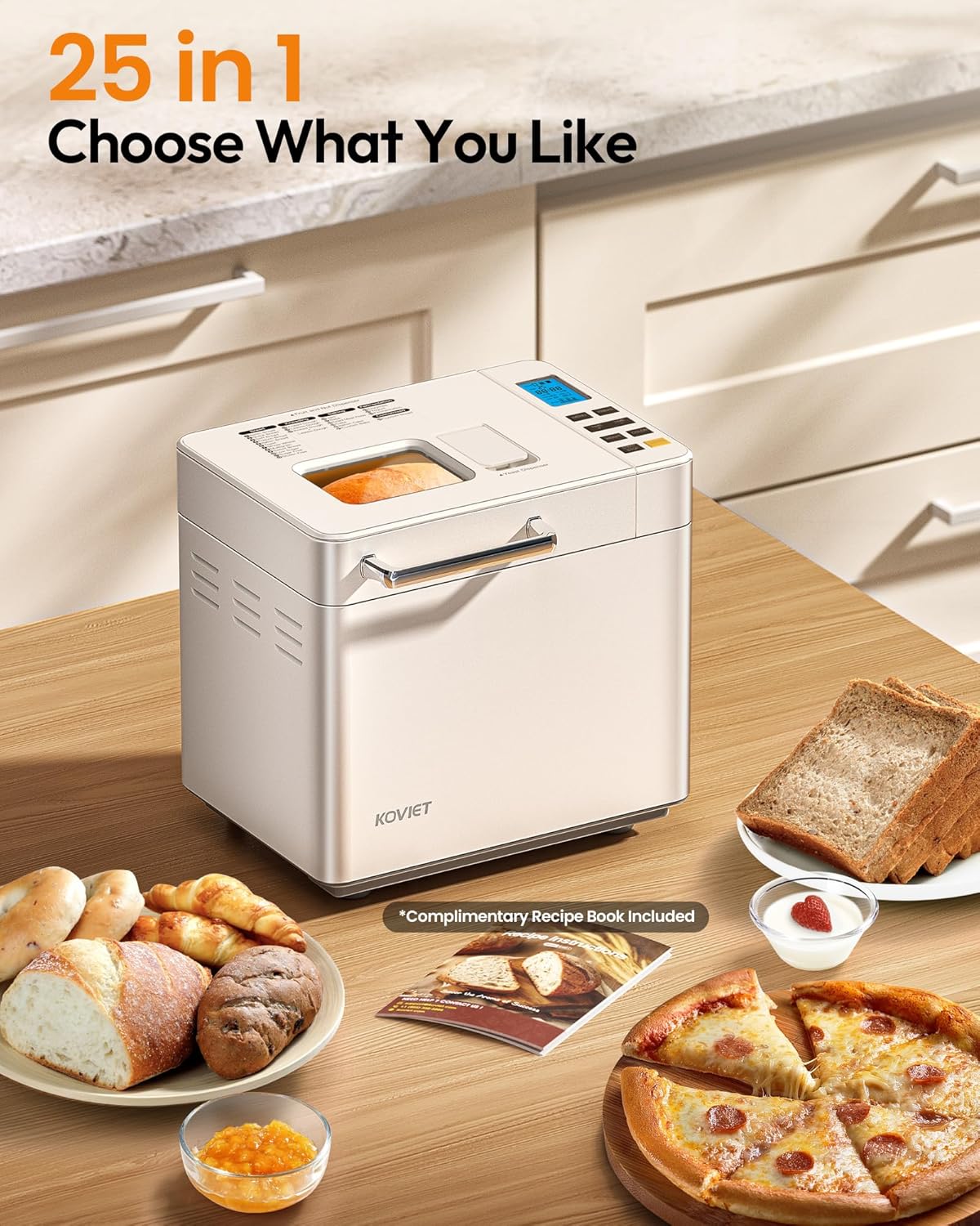 Machine à pain 25 en 1 avec double distributeur automatique, capacité 900 g, en acier inoxydable.