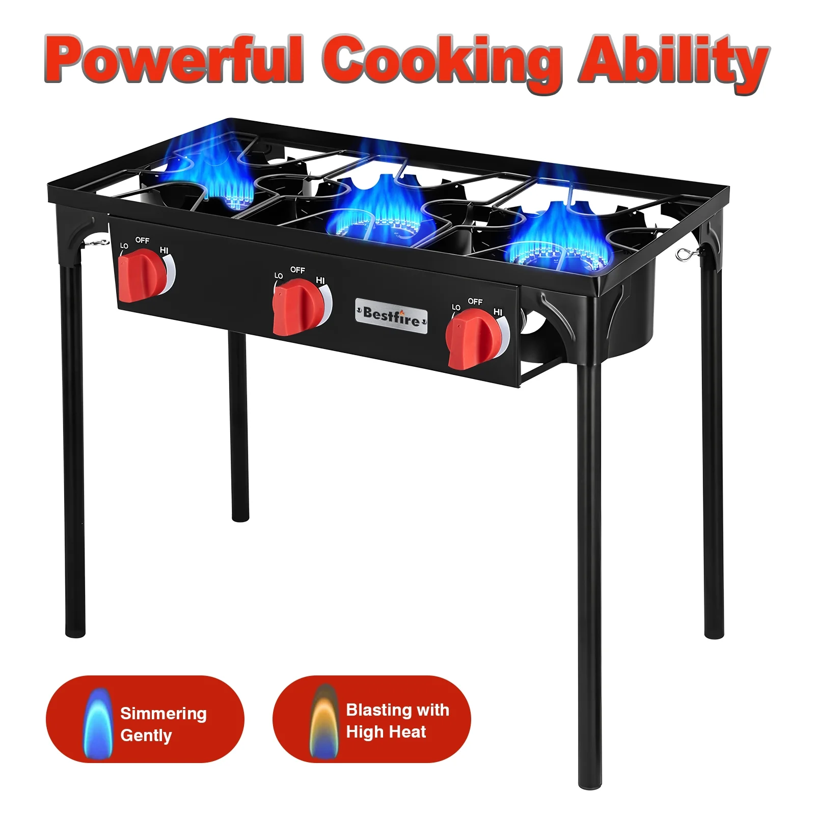 Bestfire Gas Stove for Cooking Outdoor, 3 Burners Outdoor Propane Burners for Cooking with Removable Legs 20 PSIG High Pressure Regulator, 225, 000 BTU