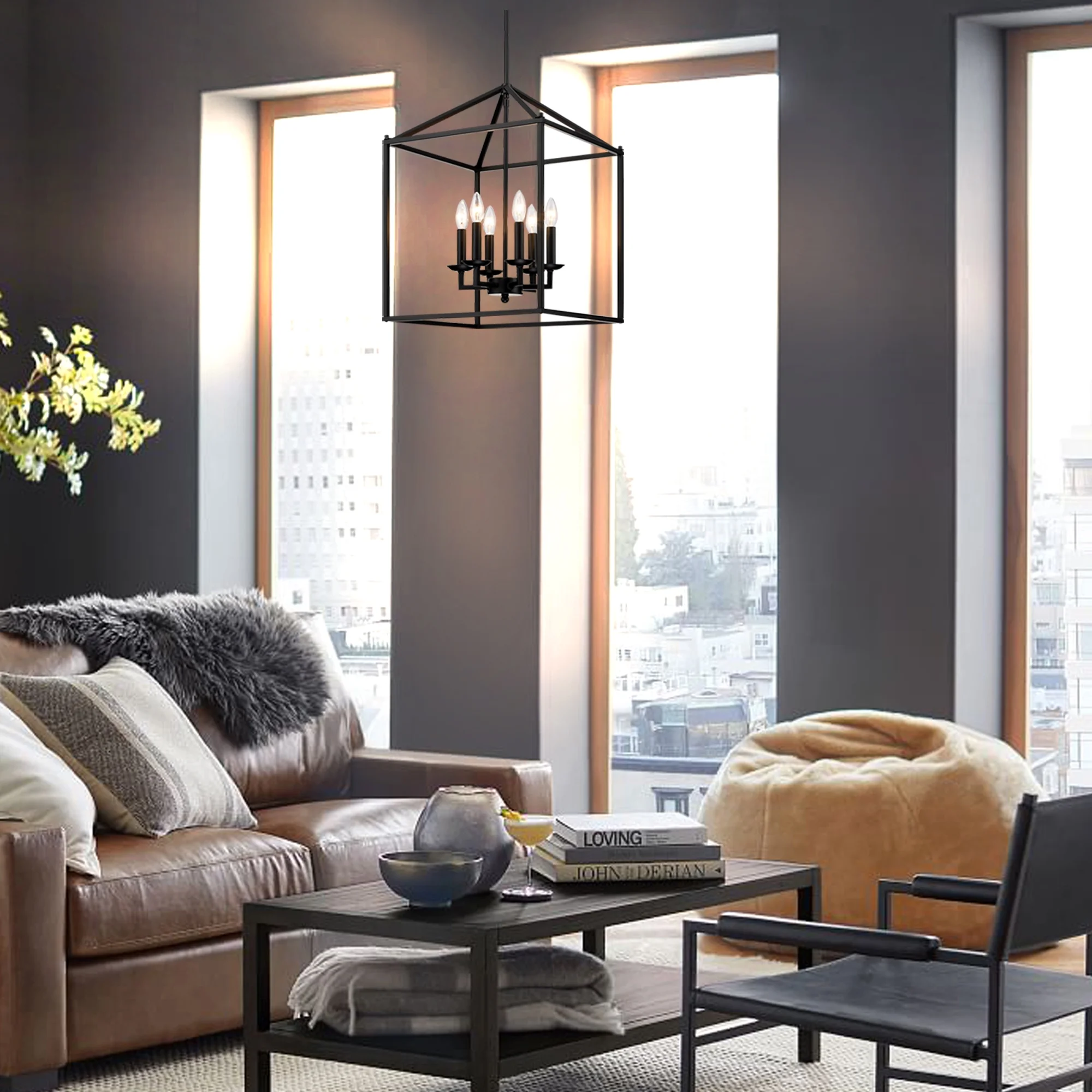 16" 6-Light Kitchen Light Fixture Ceiling Mount Matte Black Pendant Lighting for Dining Room, Living Room