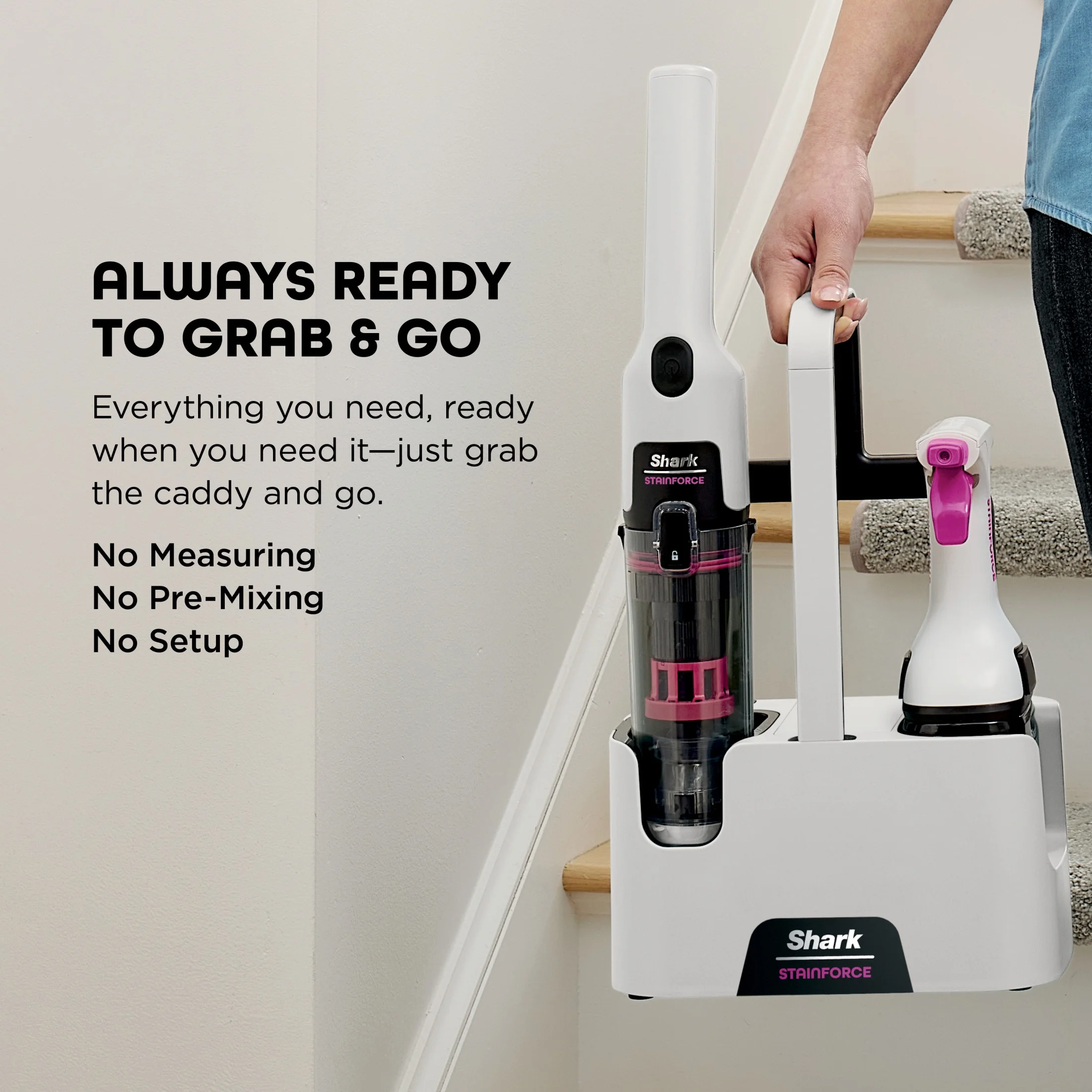 StainForce Cordless Portable Spot, Stain, Odor Remover System for Carpets, Area Rugs, Upholstery, Stairs, Cars, with Storage Caddy, and Full-Size Cleaning Solution, White, HX100 - Image 6